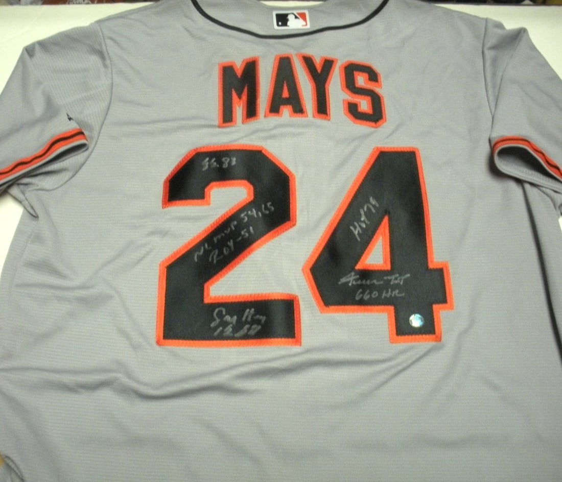 Willie Mays signed Majestic MLB jersey with hologram COA: Willie Mays signed Majestic MLB jersey with hologram COA Official licensed Majestic baseball jersey signed by Willie Mays. The jersey is described as original and pre-owned, with a hologram/COA noted 