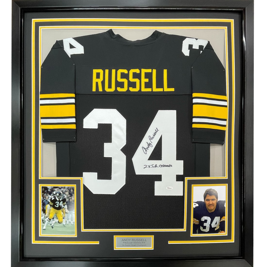 Framed Andy Russell Steelers jersey 33x42 JSA COA autographed: Framed Andy Russell Steelers jersey 33x42 JSA COA autographed This professionally framed and matted Pittsburgh Steelers black jersey features the authentic autograph of NFL player Andy Russell. The di
