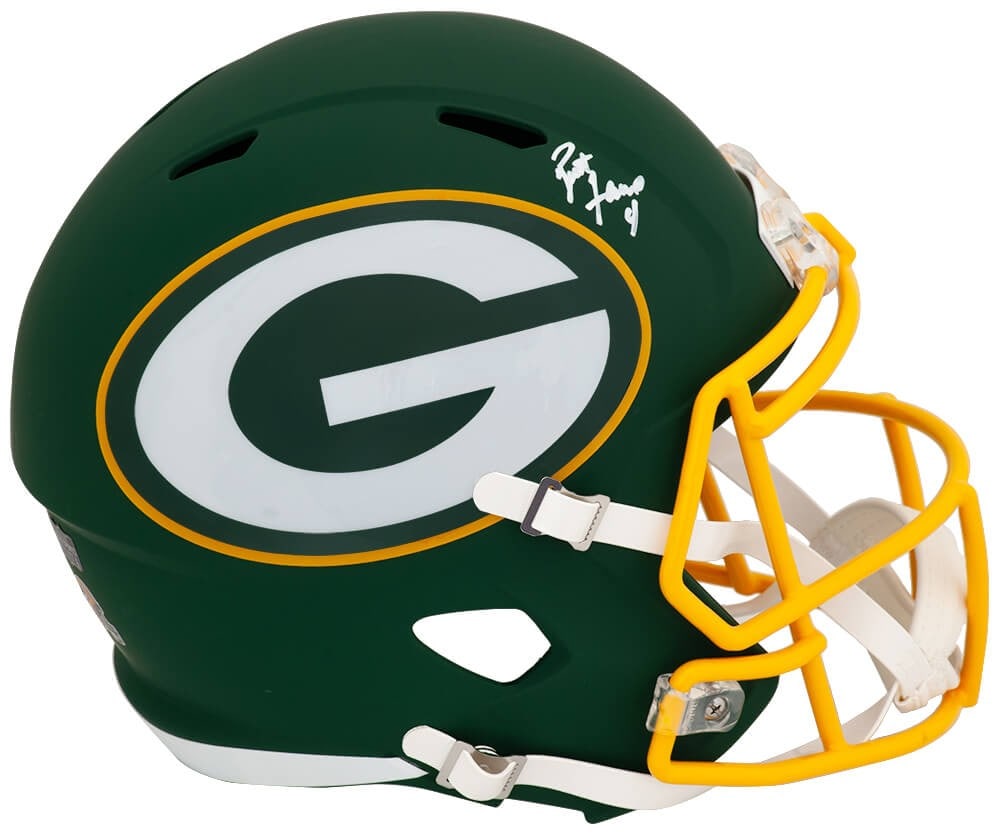 Brett Favre autographed Green Bay Packers Riddell speed replica helmet: Brett Favre autographed Green Bay Packers Riddell speed replica helmet This is a Green Bay Packers AMP alternate Riddell full size speed replica helmet, signed by Brett Favre. The helmet includes a Br