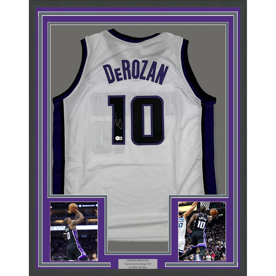 Framed DeMar DeRozan Autographed Jersey Sacramento Kings JSA COA: Framed DeMar DeRozan Autographed Jersey Sacramento Kings JSA COA This framed autographed DeMar DeRozan Sacramento Kings white jersey measures 35x39 inches and features two 5x7 photos. The item is prof
