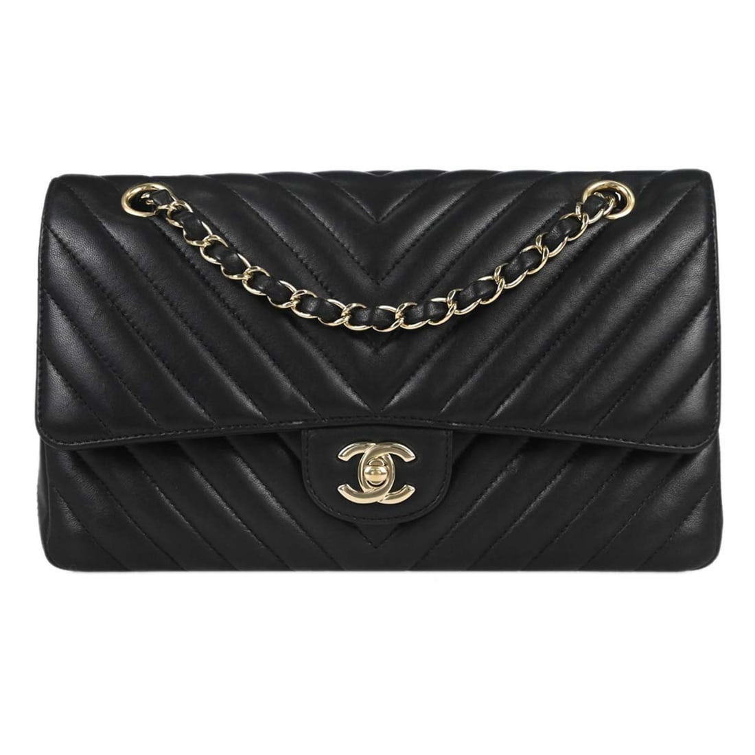 CHANEL Classic Double Flap Medium Black Lambskin Shoulder Bag: CHANEL Classic Double Flap Medium Black Lambskin Shoulder Bag Chanel Medium Classic Double Flap shoulder bag in black lambskin leather with a turn-lock closure and shoulder strap. This women's bag fea