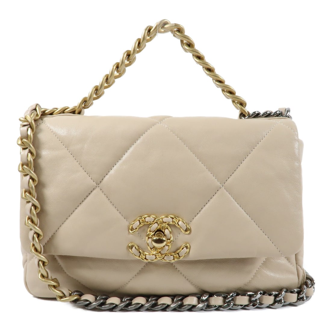 Chanel Small Lambskin Beige 2way Chain Shoulder Bag Model AS1160: Chanel Small Lambskin Beige 2way Chain Shoulder Bag Model AS1160 This CHANEL CC C19 Small 2 Way Chain Shoulder Bag is crafted from beige lambskin leather and features a versatile design that allows it
