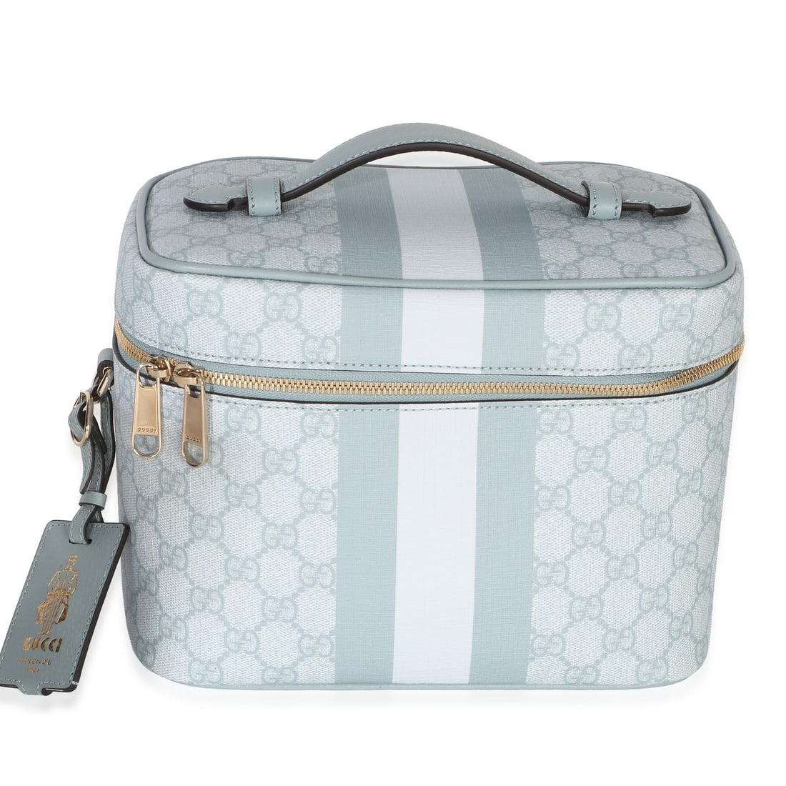 Gucci Medium Savoy Vanity Case Blue GG Supreme Calfskin: Gucci Medium Savoy Vanity Case Blue GG Supreme Calfskin This Gucci Medium Savoy Vanity Case features the signature GG Supreme monogram canvas in light blue with gold-tone hardware and a zip-around clo