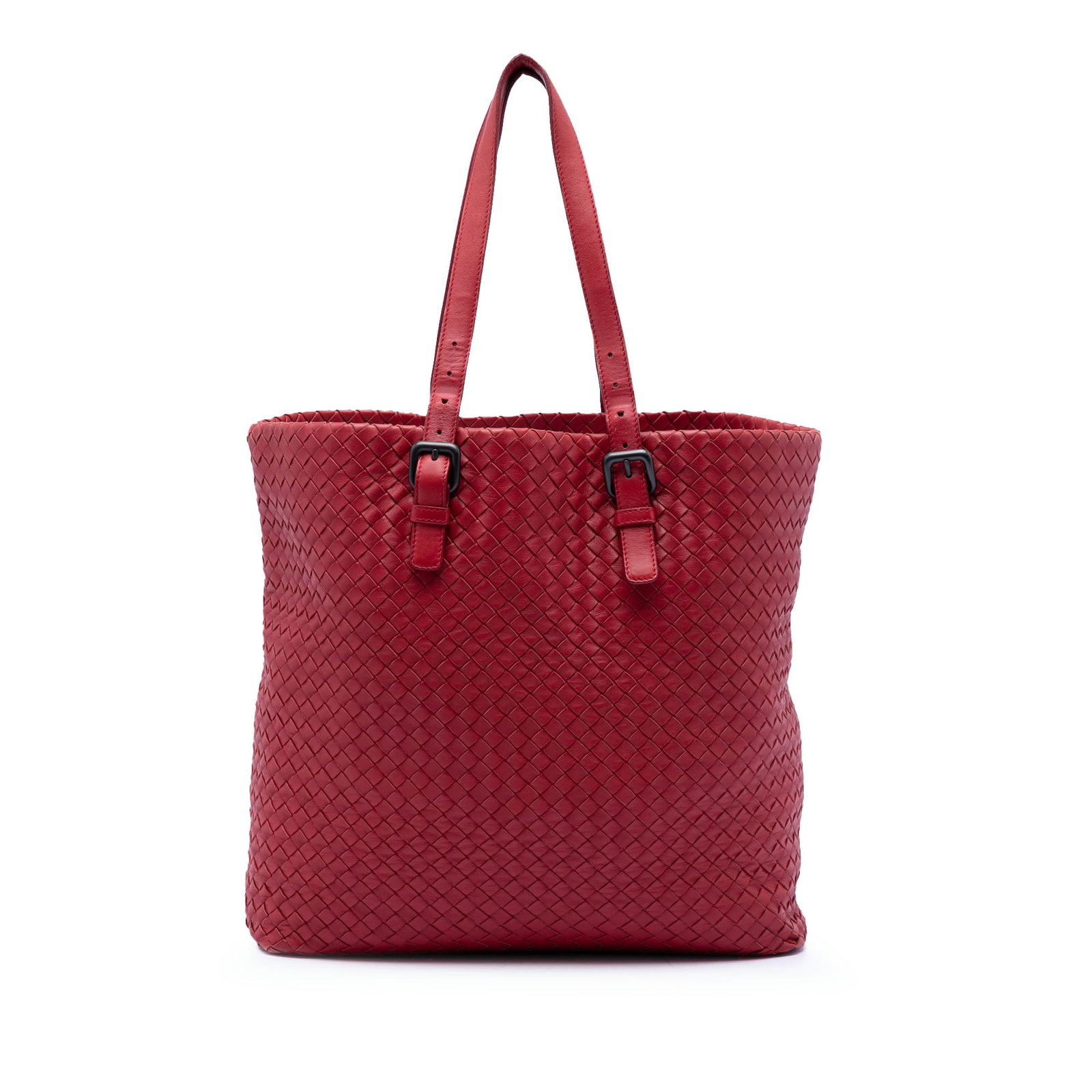 Red Intrecciato Woven Leather Tote by Bottega Veneta: Red Intrecciato Woven Leather Tote by Bottega Veneta This Bottega Veneta Nappa Intrecciato Tote showcases a signature woven nappa leather exterior in red, paired with adjustable flat leather handles. 