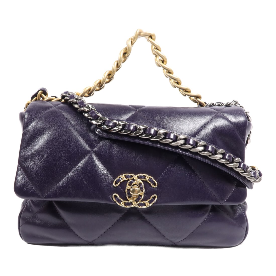 Purple Lambskin CHANEL 19 Chain Shoulder Bag: Purple Lambskin CHANEL 19 Chain Shoulder Bag This CHANEL 19 chain shoulder bag is crafted from luxurious lambskin leather in a striking purple hue. Designed for women, it features a classic shoulder b