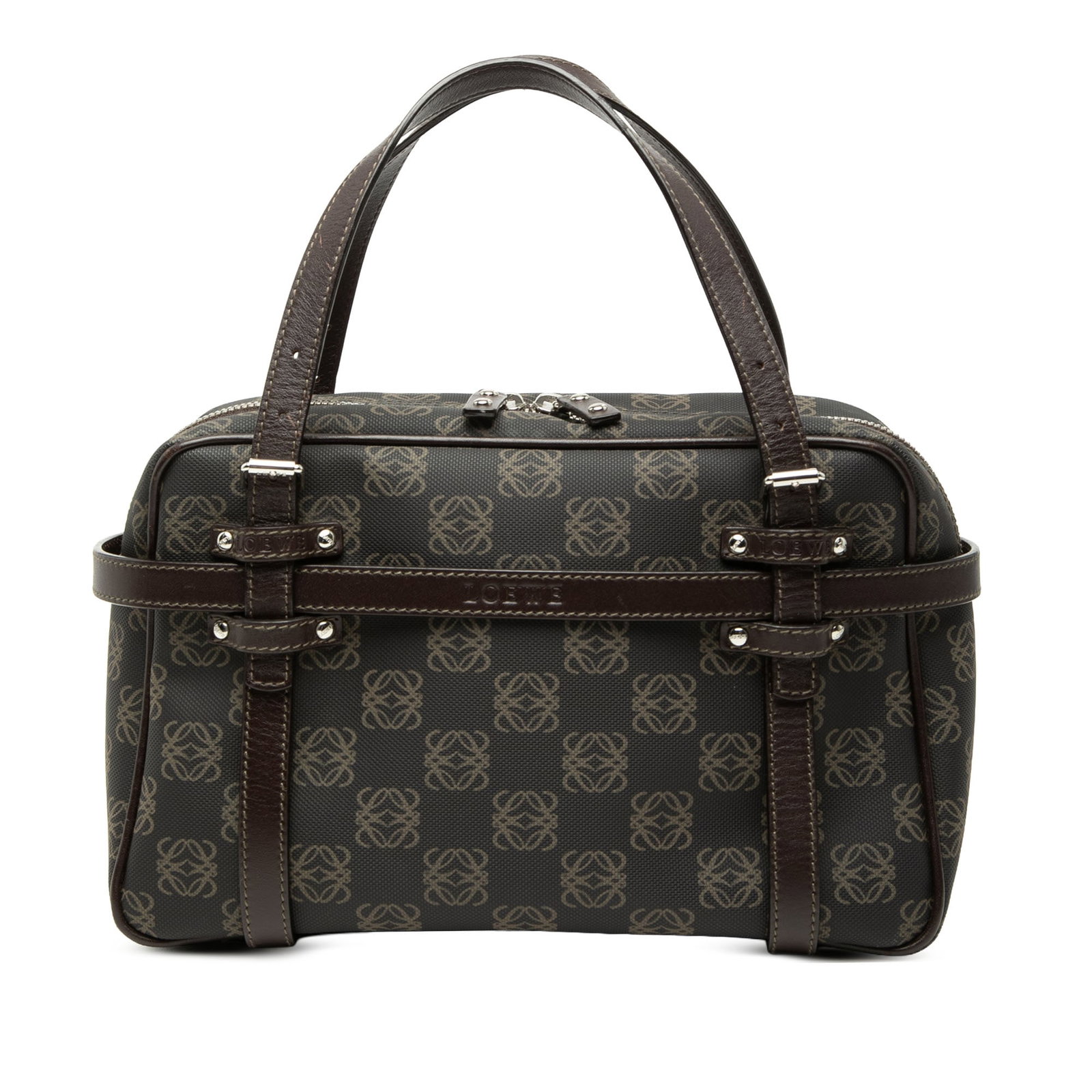 LOEWE brown coated canvas tote with leather trim: LOEWE brown coated canvas tote with leather trim This LOEWE Anagram Coated Canvas Handbag features a coated canvas body accented with leather trim and adjustable flat leather handles. It includes a to