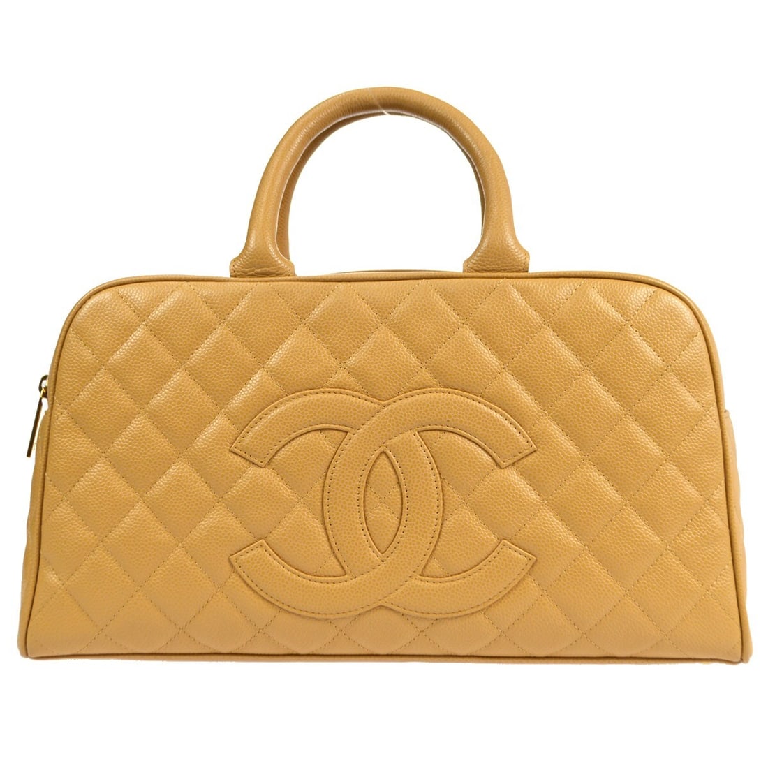 CHANEL Caviar Beige Top Handle Bag in Caviar Skin Leather: CHANEL Caviar Beige Top Handle Bag in Caviar Skin Leather Medium Chanel bowling bag in beige caviar skin leather with a zip closure, double handles, logo accents, and inner storage pockets. The exteri
