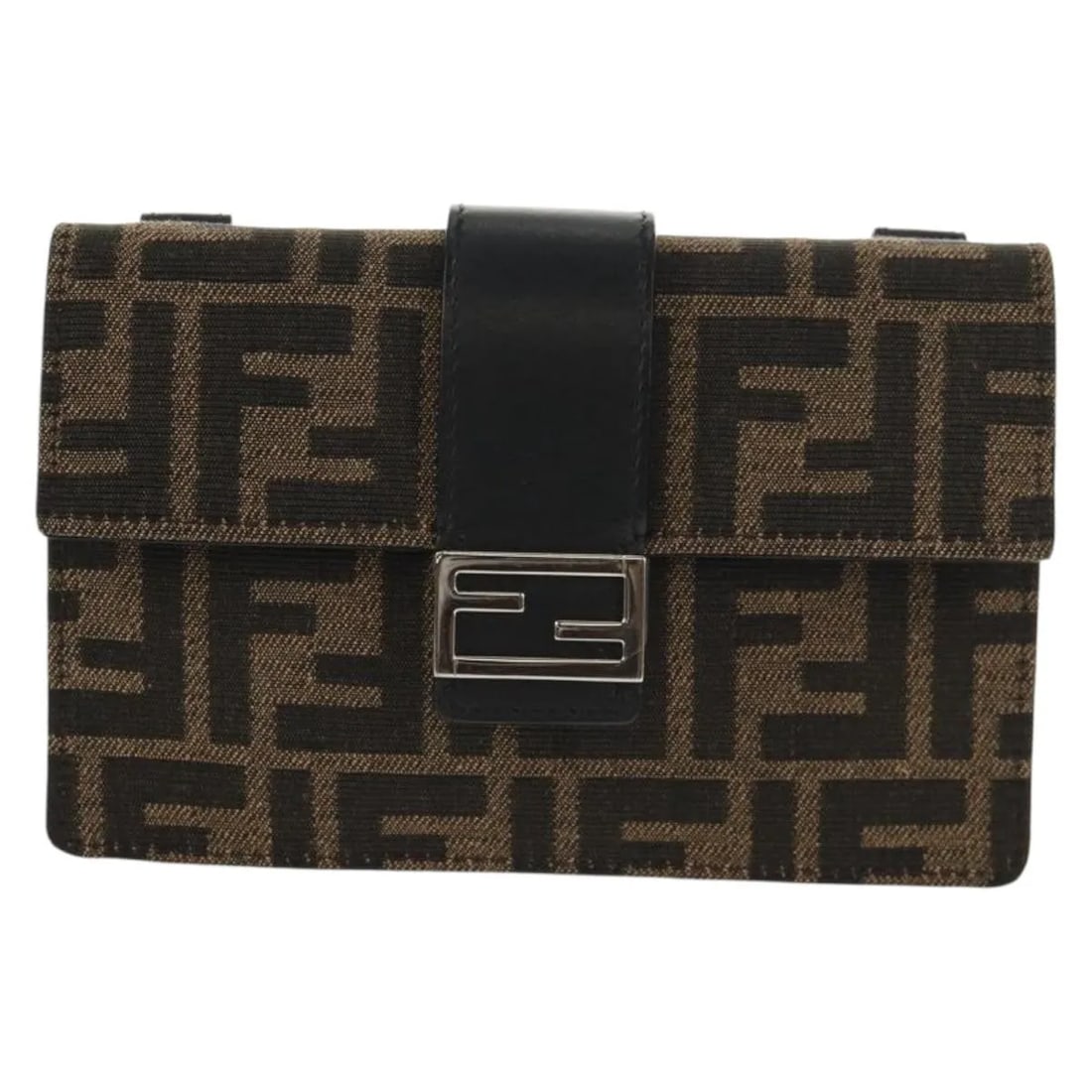 Convertible Belt Bag in Zucca Canvas by Fendi: Convertible Belt Bag in Zucca Canvas by Fendi This Fendi Baguette Convertible Belt Bag is crafted from black Zucca canvas, designed for female use. It features a compact silhouette with dimensions of 