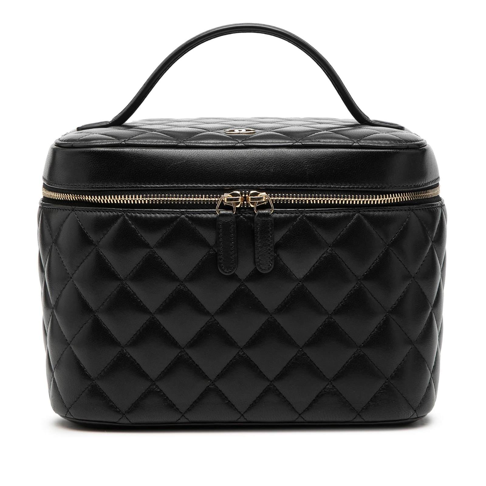 Chanel Black Quilted Leather Vanity Case with Top Handle: Chanel Black Quilted Leather Vanity Case with Top Handle This Chanel vanity bag showcases a quilted lambskin leather exterior in black, complemented by a flat top leather handle and a zip-around closu