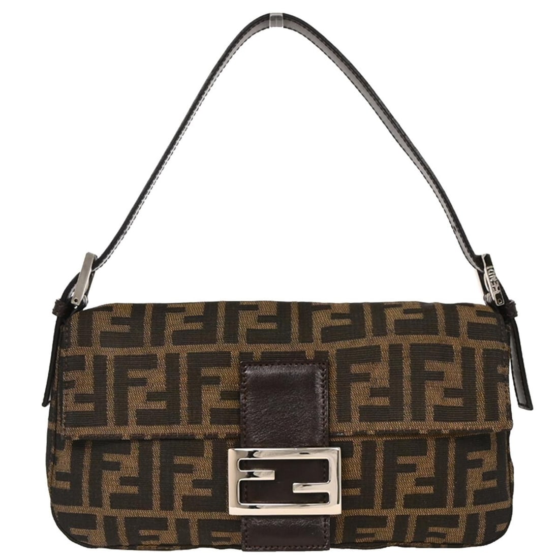 Fendi Baguette Zucca Shoulder Bag Brown Canvas Medium: Fendi Baguette Zucca Shoulder Bag Brown Canvas Medium Fendi Zucca Baguette handbag in brown canvas with black leather trim and silver-tone hardware. This medium shoulder bag features the signature log
