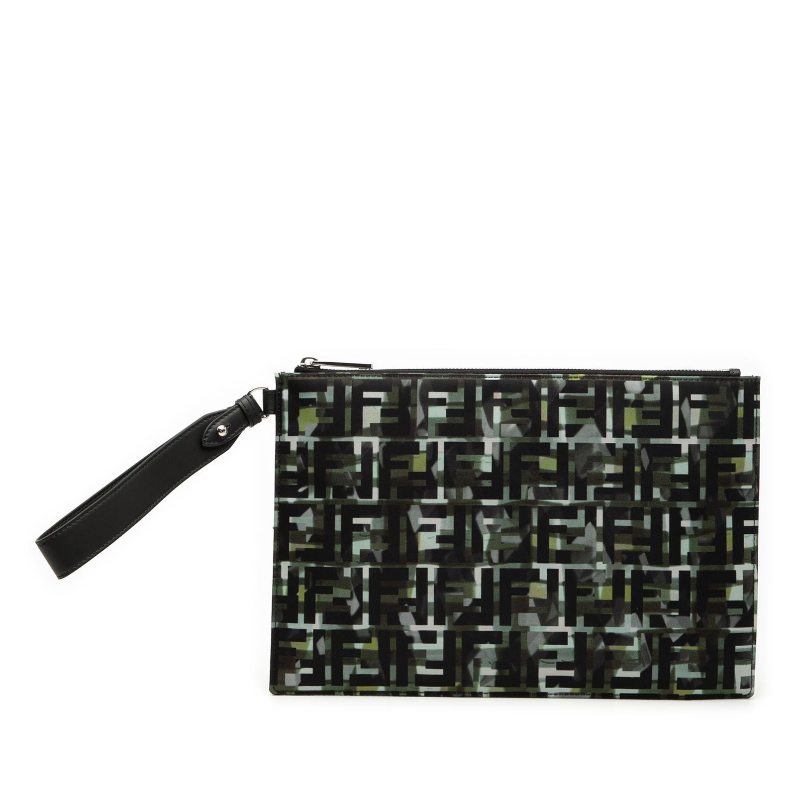 Fendi FF 1974 Camouflage Nylon Wristlet Pouch: Fendi FF 1974 Camouflage Nylon Wristlet Pouch This Fendi FF 1974 wristlet pouch features a printed nylon exterior in a camouflage motif, complemented by a flat leather wrist strap and a top zip closur