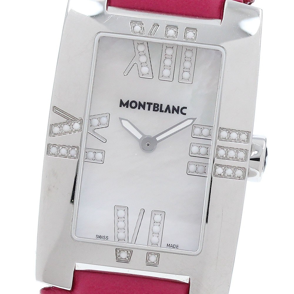 Montblanc 7183 Quartz Ladies Wristwatch Stainless Steel Leather Strap: Montblanc 7183 Quartz Ladies Wristwatch Stainless Steel Leather Strap This Montblanc 7183 women's wristwatch features a stainless steel case paired with a leather bracelet. The watch has a white shell