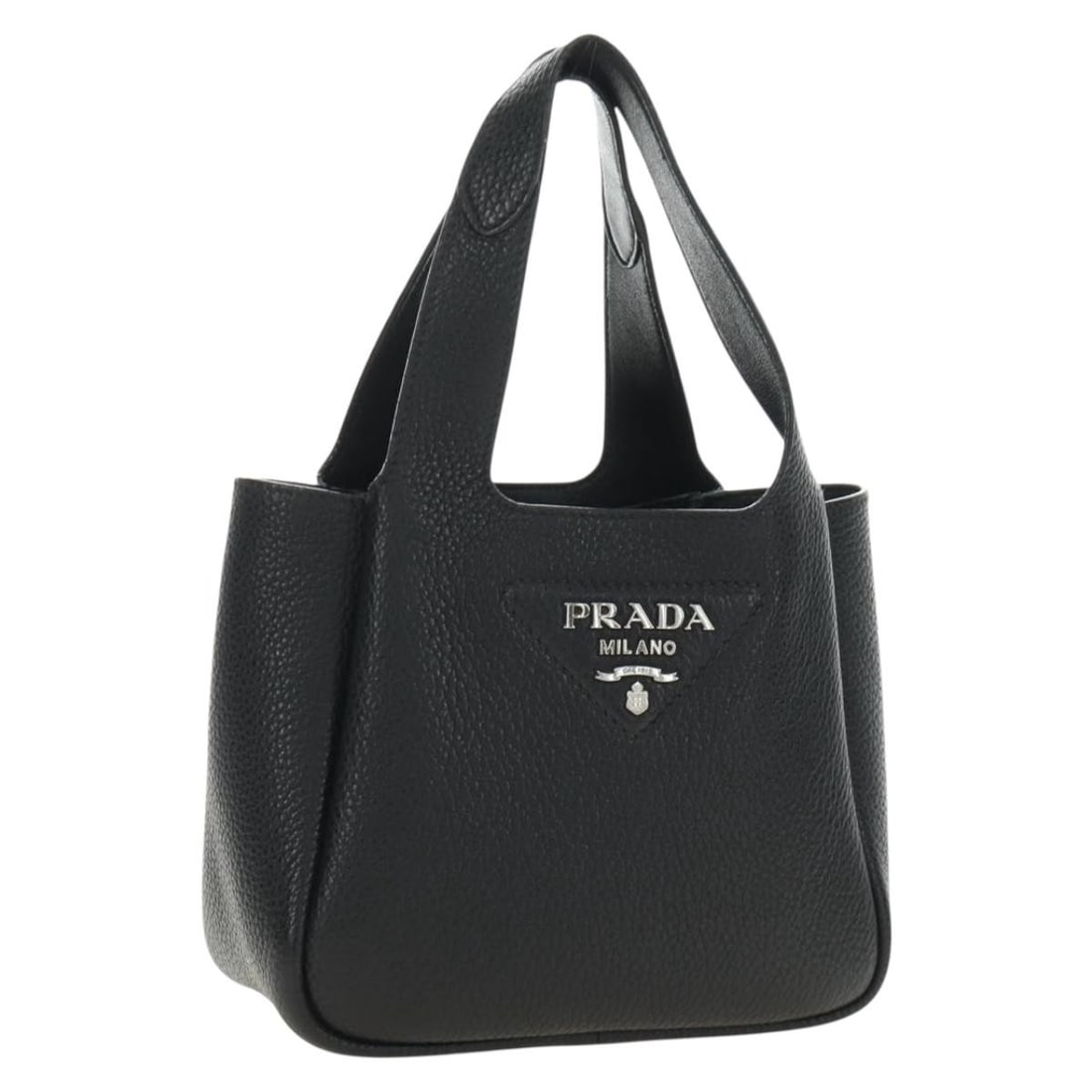 PRADA Vitello Daino Leather Handbag Black Silver Tone: PRADA Vitello Daino Leather Handbag Black Silver Tone Prada women's leather handbag in black with silver-tone accents, made in Italy. This compact handbag is offered without the original box or dust b