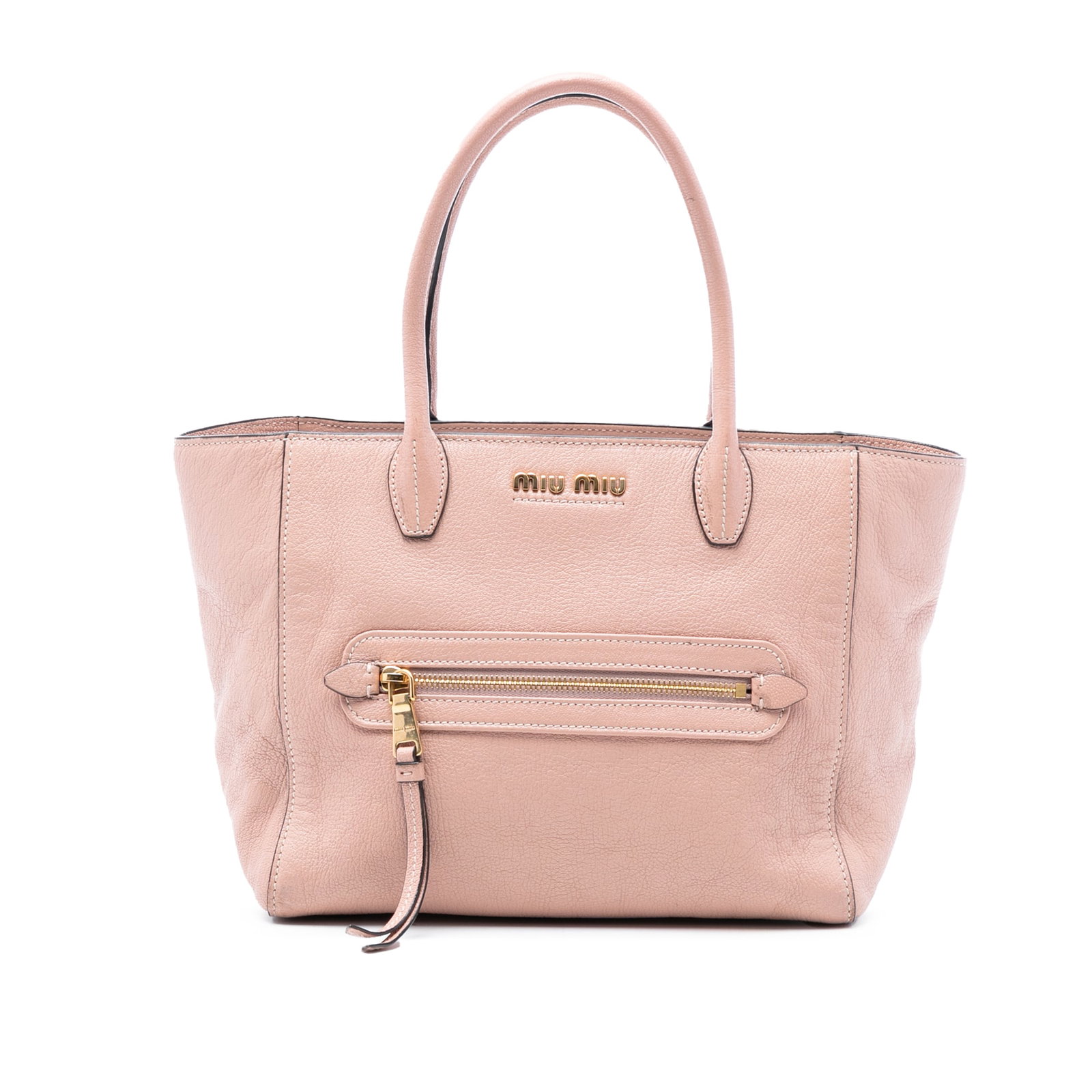 Goatskin Leather Satchel with Front Pocket by Miu Miu Madras: Goatskin Leather Satchel with Front Pocket by Miu Miu Madras This Miu Miu Madras Front Pocket Satchel is crafted from goatskin leather and features rolled leather handles, a top zip closure, an exteri