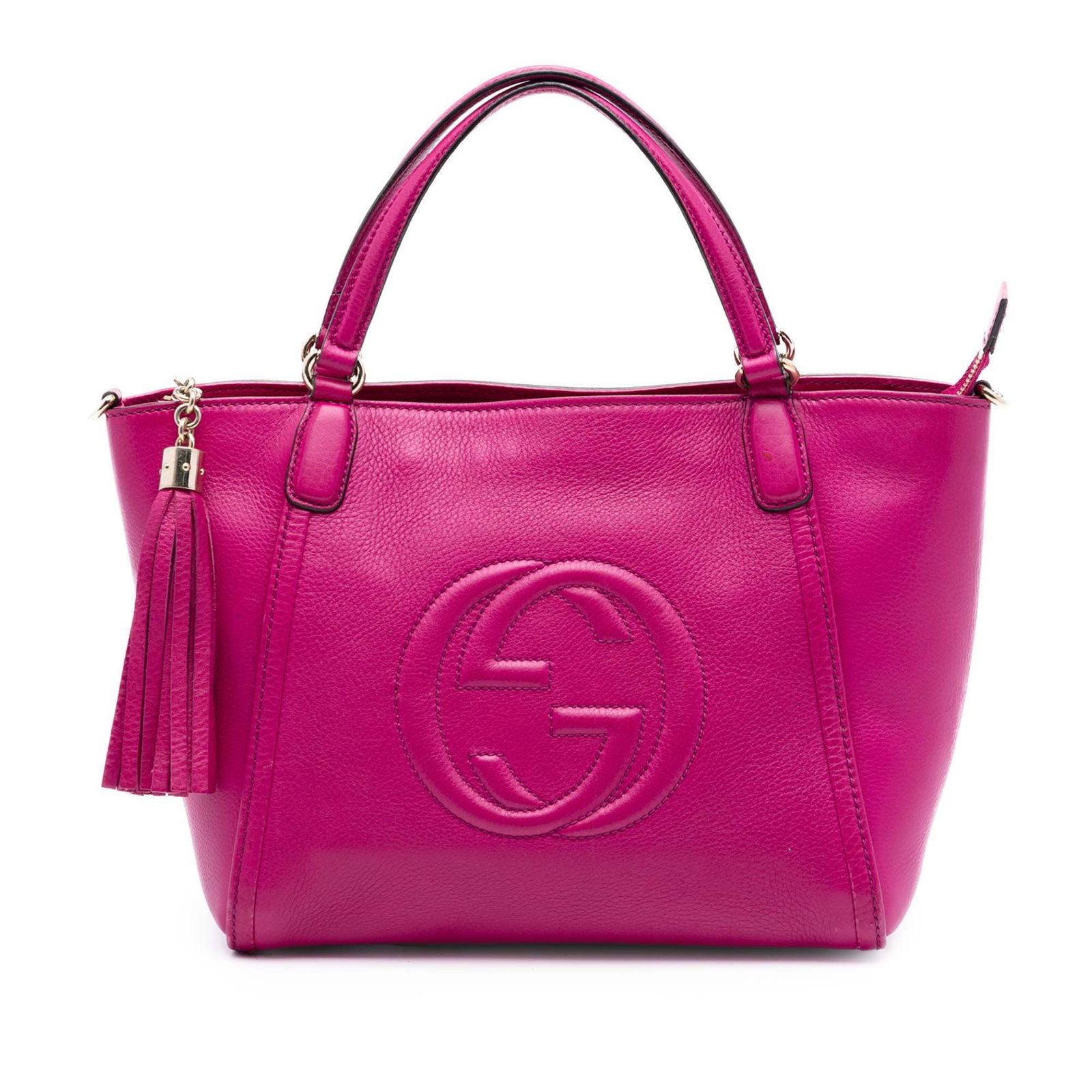 Gucci Pink Leather Soho Cellarius Satchel Small: Gucci Pink Leather Soho Cellarius Satchel Small This Gucci Small Calfskin Soho Cellarius Satchel is crafted from pink leather and features flat leather handles, a top zip closure with tassel details, 