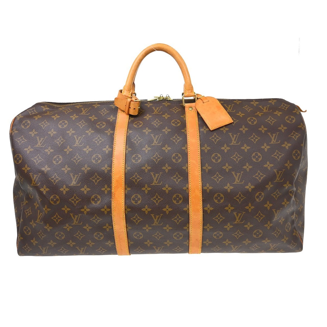 Louis Vuitton Keepall 60 Monogram Duffle Bag M41422 France: Louis Vuitton Keepall 60 Monogram Duffle Bag M41422 France Vintage Louis Vuitton Keepall 60 travel handbag in brown Monogram canvas with leather trim and double handles. This extra large duffle-style 