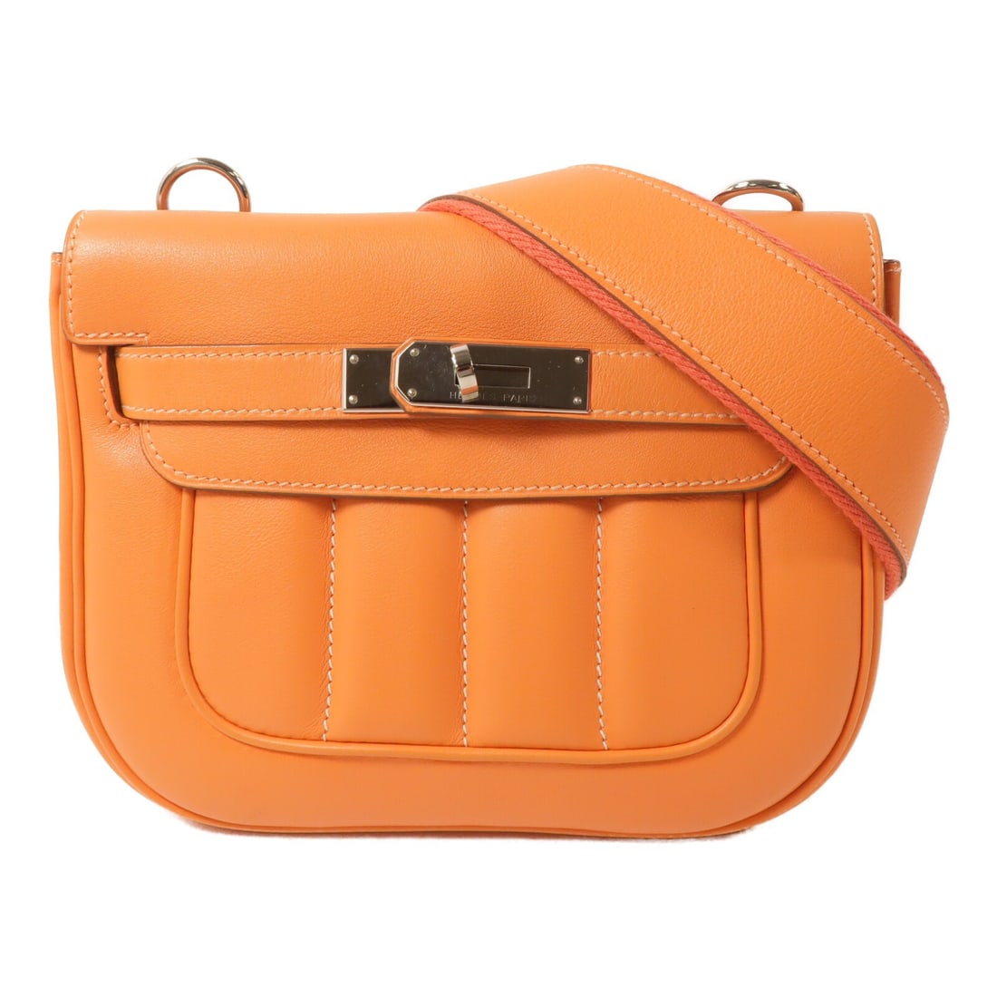 Hermes Mini Berline Swift Leather Orange Shoulder Bag PHW: Hermes Mini Berline Swift Leather Orange Shoulder Bag PHW This Hermes Mini Berline shoulder bag is crafted from Swift leather in a vibrant orange shade. Featuring palladium hardware, it is designed fo