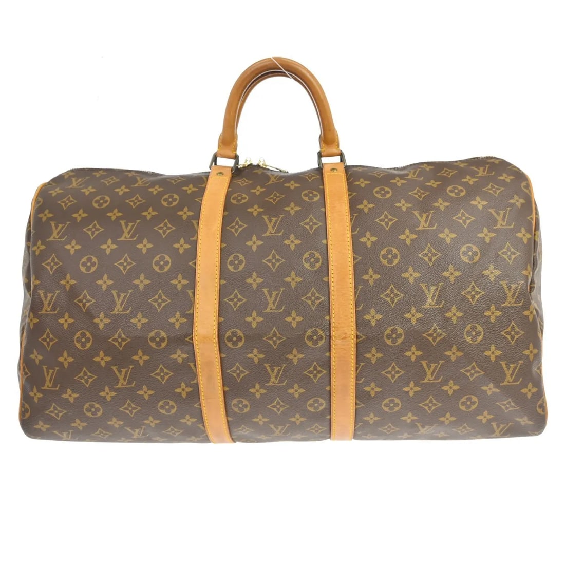 Louis Vuitton Keepall 55 Monogram Canvas Travel Bag: Louis Vuitton Keepall 55 Monogram Canvas Travel Bag This Louis Vuitton Keepall Bag features the iconic Monogram canvas in brown, designed for unisex use. The bag shows visible signs of wear, including