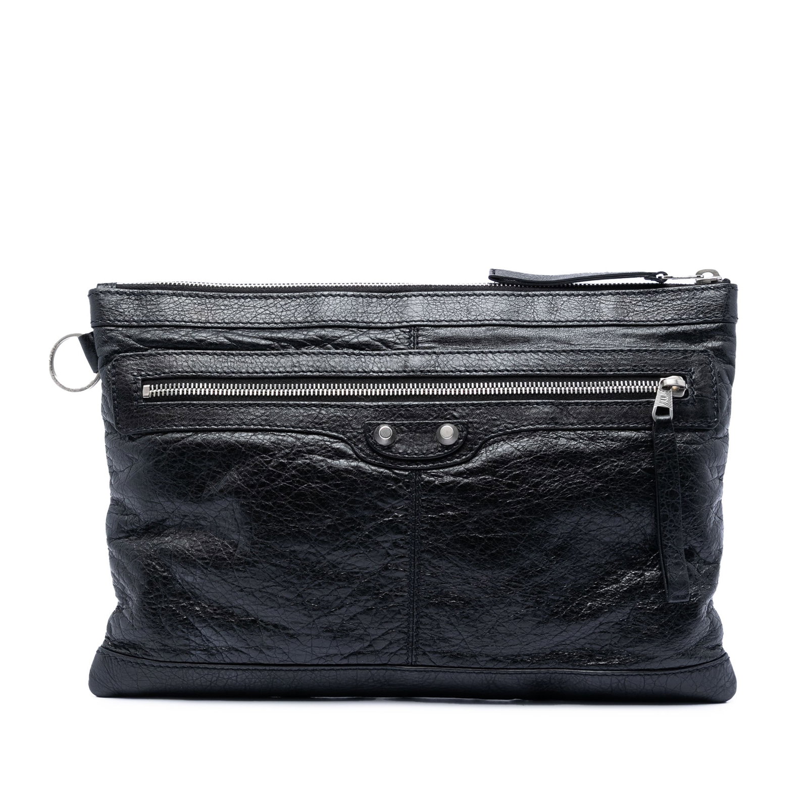Balenciaga black leather clutch with zip pocket and slip pocket: Balenciaga black leather clutch with zip pocket and slip pocket This Balenciaga Lambskin Motocross Classic Clip M Clutch is crafted from black leather and features a sleek silhouette with a top zip cl