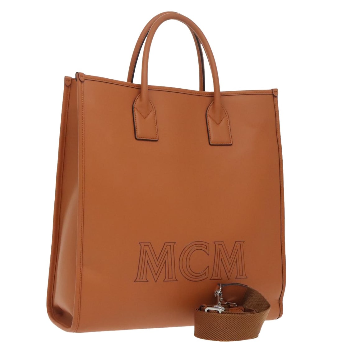 MCM Brown Leather 2way Handbag with Silver Accents and Shoulder Strap: MCM Brown Leather 2way Handbag with Silver Accents and Shoulder Strap This MCM two-way handbag is crafted from brown leather with silver-tone accents. Designed for women, it features both top handles 