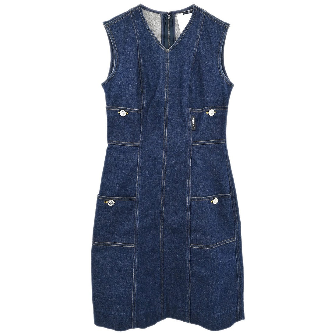CHANEL V Neck Denim Dress Sleeveless Indigo Size 36: CHANEL V Neck Denim Dress Sleeveless Indigo Size 36 Vintage Chanel sleeveless denim dress in indigo with a V-neck and knee-length silhouette. This one-piece style features a zip closure, logo accents,