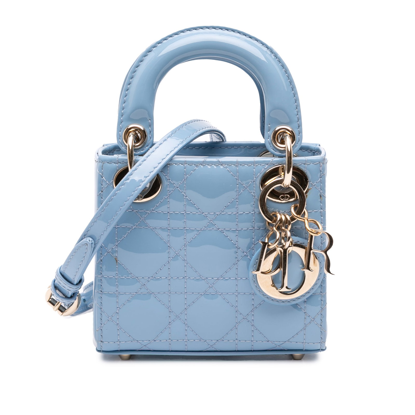 Dior Lady Dior Micro Cannage Patent Leather Bag Blue: Dior Lady Dior Micro Cannage Patent Leather Bag Blue Micro Lady Dior bag in blue patent leather with Cannage quilting. This structured design features flat top handles, a detachable flat leather strap