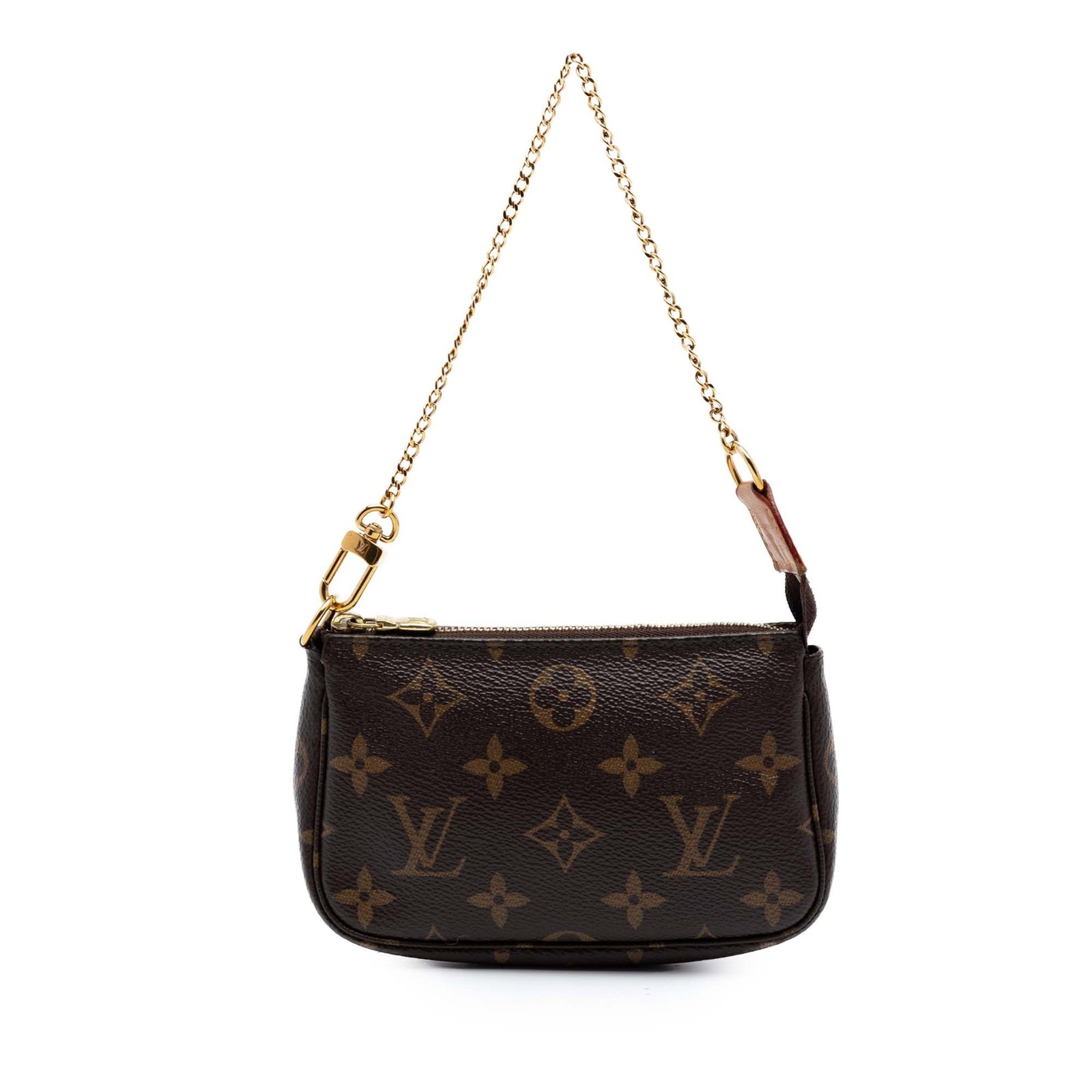 Louis Vuitton Monogram Canvas Mini Pochette Bag: Louis Vuitton Monogram Canvas Mini Pochette Bag Louis Vuitton Monogram Mini Pochette Accessoires in brown monogram canvas with a gold-tone chain strap and top zip closure. Made in Spain. Condition AB 