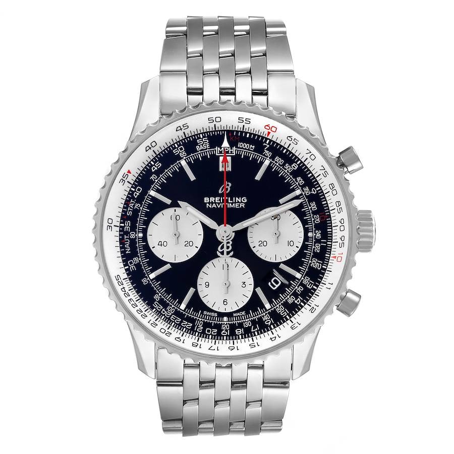 Navitimer 01 AB0121 43mm Stainless Steel Black Dial with Warranty Card 2020: Navitimer 01 AB0121 43mm Stainless Steel Black Dial with Warranty Card 2020 This Breitling Navitimer 01 features a black dial and comes with warranty card dated 2020. The watch case measures 43mm and 
