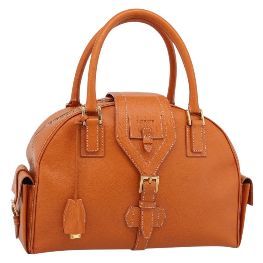 LOEWE Sender Leather Handbag Orange Gold with Dust Bag Padlock: LOEWE Sender Leather Handbag Orange Gold with Dust Bag Padlock LOEWE Sender handbag in orange and gold leather, made in Spain. This women's handbag includes a dust bag, padlock, two keys, and clochett