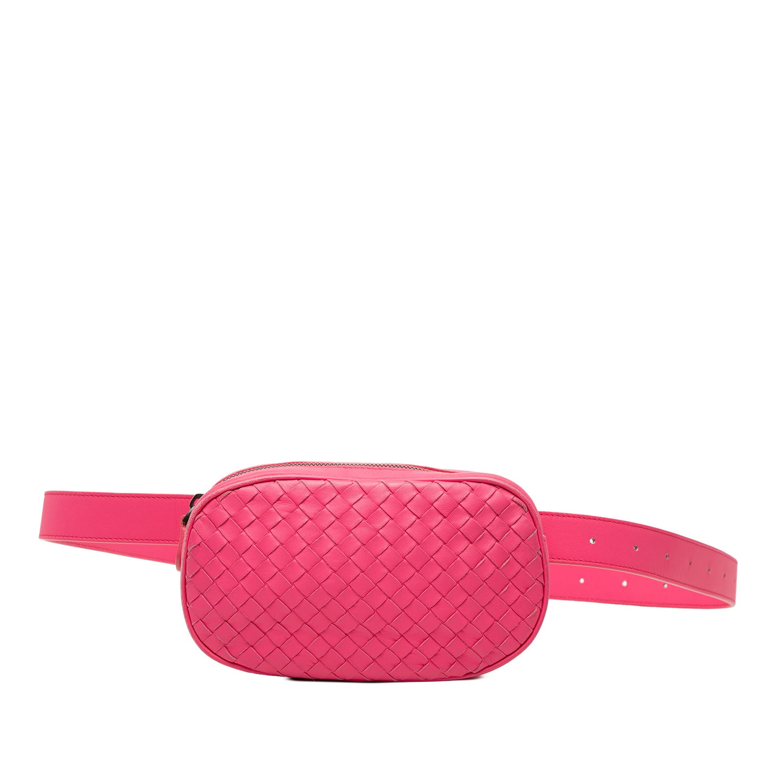 Pink Nappa Leather Intrecciato Belt Bag by Bottega Veneta: Pink Nappa Leather Intrecciato Belt Bag by Bottega Veneta This Bottega Veneta Nappa Intrecciato belt bag features a woven nappa leather body, a flat leather waist strap with a belt buckle closure, a t