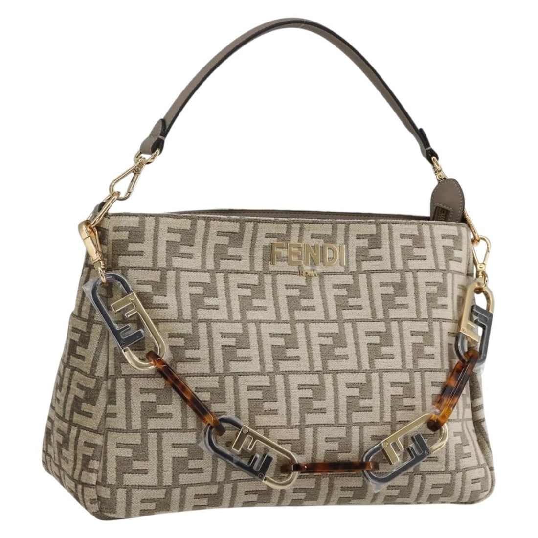 Fendi Zucca Canvas 2way Handbag Beige Gold with Strap Dust Bag: Fendi Zucca Canvas 2way Handbag Beige Gold with Strap Dust Bag Fendi Zucca canvas 2-way handbag in beige and gold. Made in Italy, this women's bag includes a dust bag and shoulder strap. It is in exce
