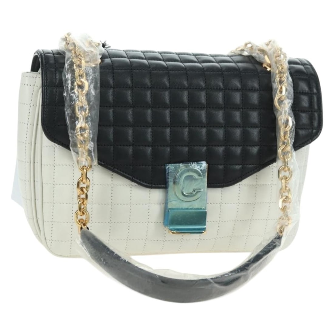 CELINE C Medium Leather Shoulder Bag Black Gold Italy: CELINE C Medium Leather Shoulder Bag Black Gold Italy This CELINE C Medium Chain Shoulder Bag features a sleek black leather exterior accented with gold-tone details. Designed for women, the bag is cr