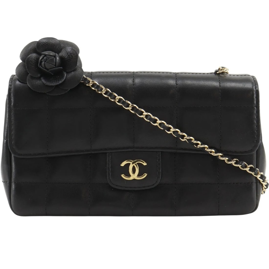Chanel Camellia Flap Bag Quilted Lambskin Black: Chanel Camellia Flap Bag Quilted Lambskin Black This Chanel Camellia Chocolate Bar Flap Bag is crafted from quilted black leather and features a classic flap design. The bag is designed for women and 