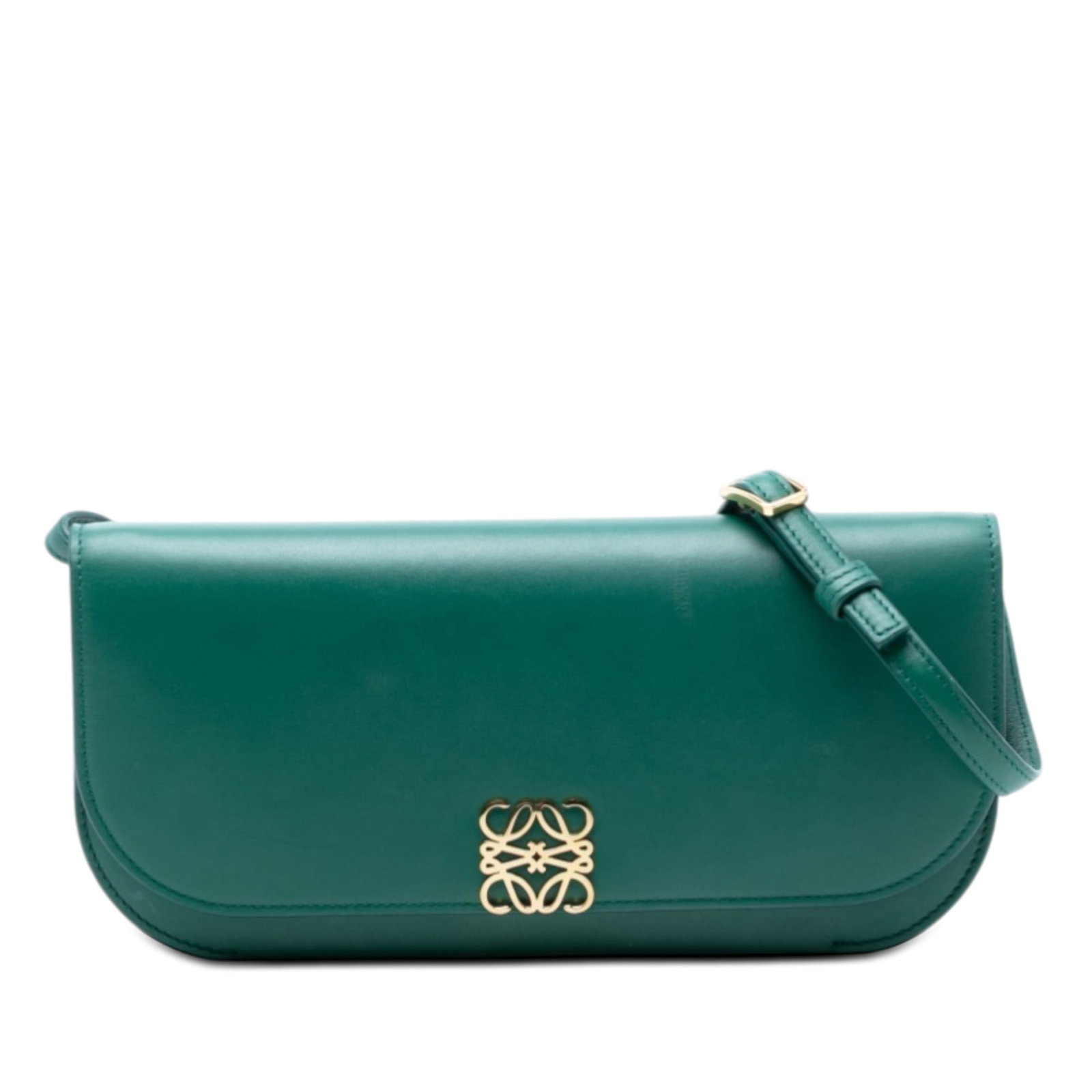 LOEWE Goya Long Green Leather Shoulder Bag: LOEWE Goya Long Green Leather Shoulder Bag This LOEWE Goya long shoulder bag is crafted from smooth green leather and features a flat leather strap, a top flap with magnetic closure, and three interio