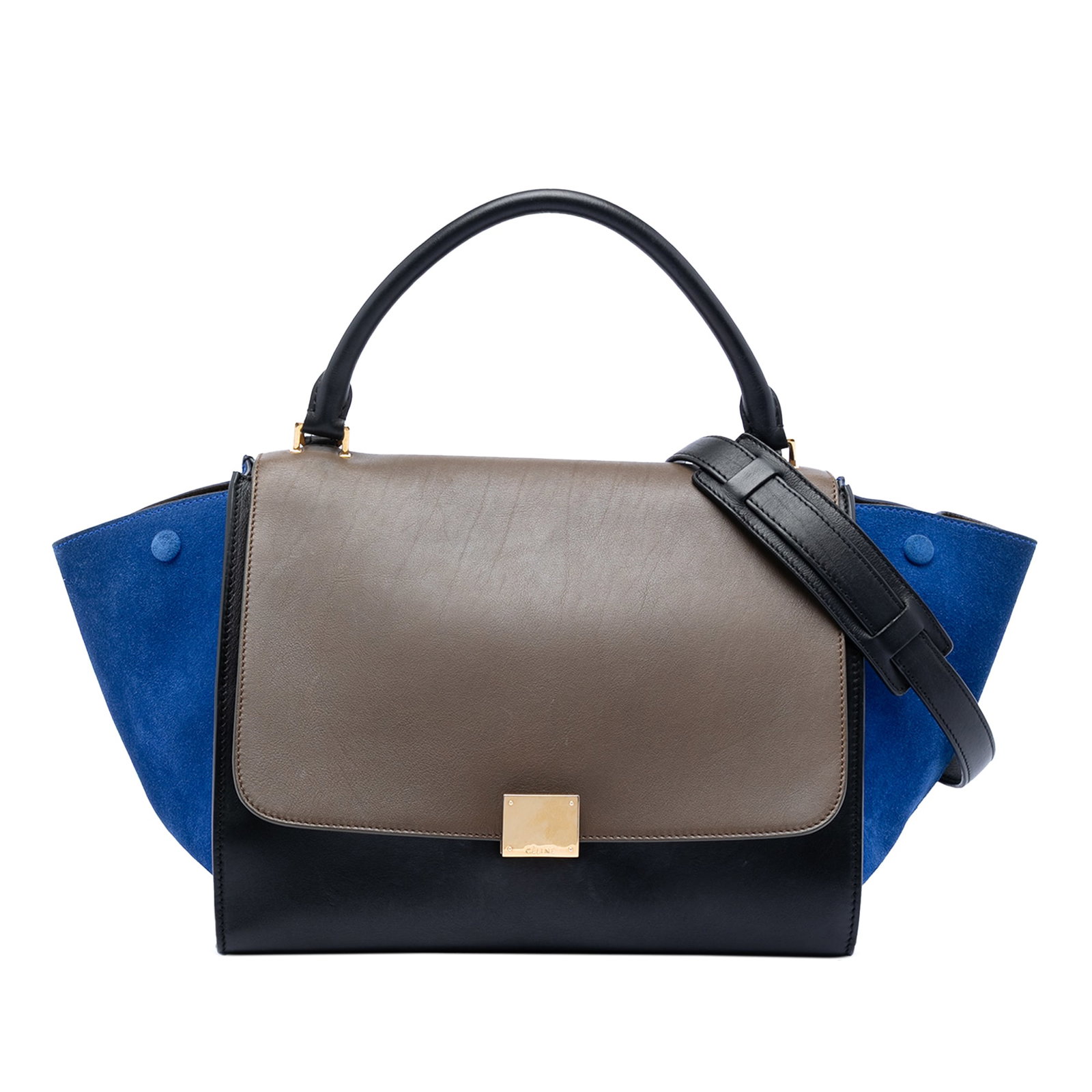 Celine Trapeze Satchel in Calfskin Suede Medium Tricolor: Celine Trapeze Satchel in Calfskin Suede Medium Tricolor This Celine Medium Tricolor Trapeze Satchel is crafted from a combination of calfskin and suede leather. It features a rolled leather top handl