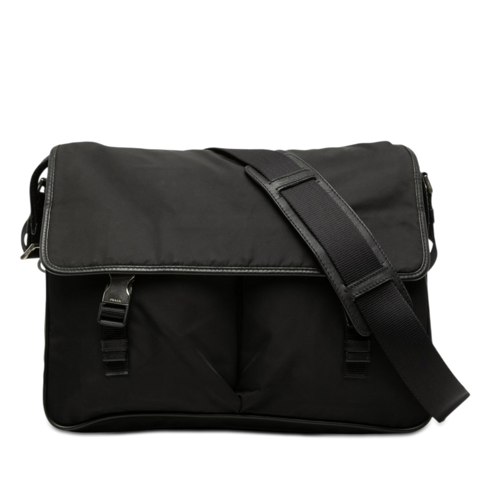 Prada Tessuto Black Nylon Crossbody Bag with Buckle Flap: Prada Tessuto Black Nylon Crossbody Bag with Buckle Flap Prada Tessuto Double Buckle Messenger Bag in black with a nylon body and leather trim. This crossbody style features an adjustable flat canvas 