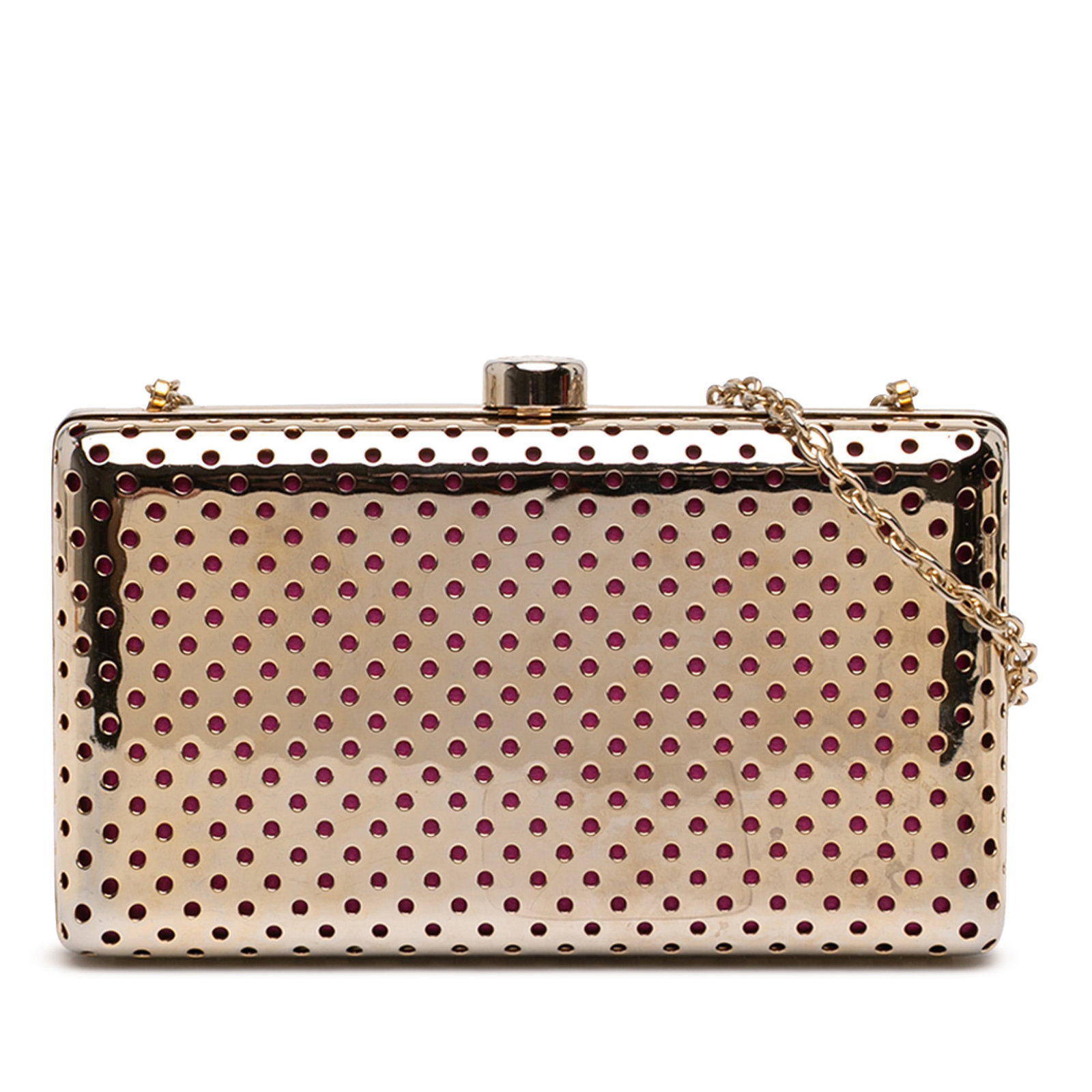 Stella McCartney crossbody clutch bag in perforated gold metal: Stella McCartney crossbody clutch bag in perforated gold metal Stella McCartney Perforated Metal Clutch on Chain in gold metal with a perforated body, chain link shoulder strap, and top clasp closure.