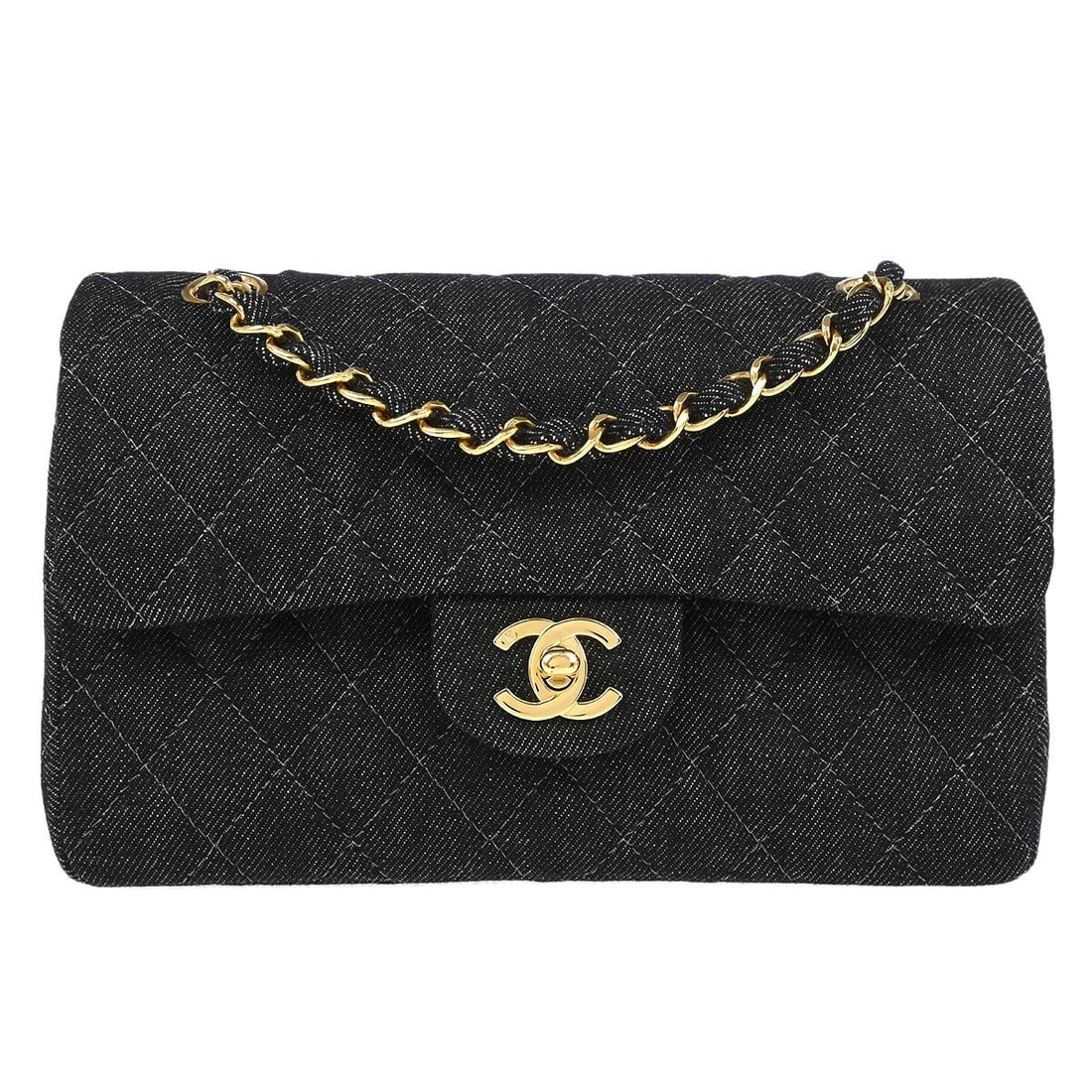 CHANEL Classic Double Flap Small black denim shoulder bag: CHANEL Classic Double Flap Small black denim shoulder bag Chanel Small Classic Double Flap shoulder bag in black matelasse denim with a flap turnlock closure and chain shoulder strap. The bag features