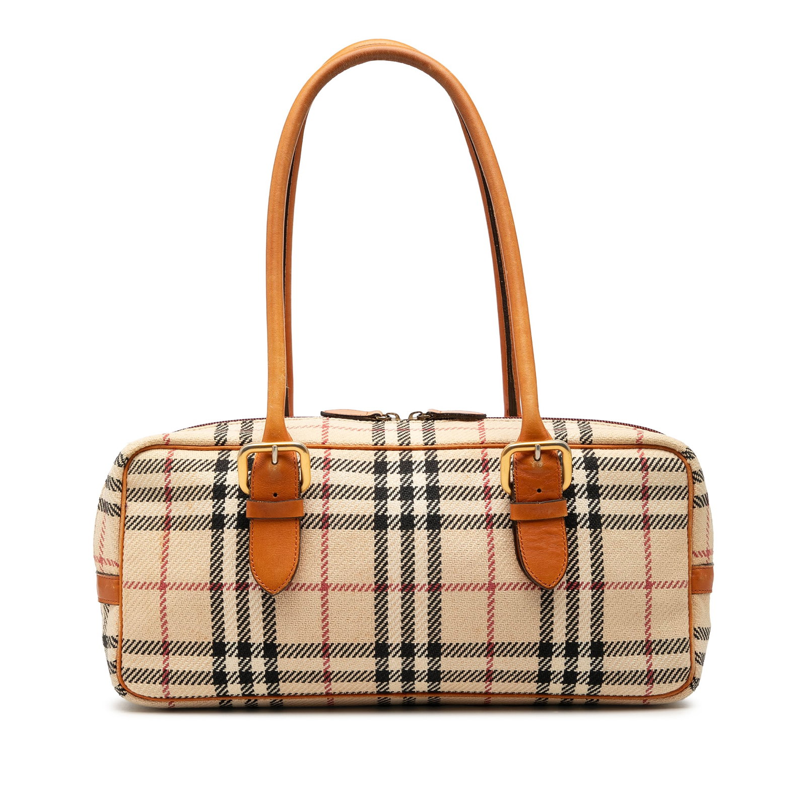 Burberry House Check Shoulder Bag in Wool with Leather Trim: Burberry House Check Shoulder Bag in Wool with Leather Trim Burberry House Check shoulder bag crafted with a wool body and leather trim. It features rolled leather straps, a top zip closure, and an in