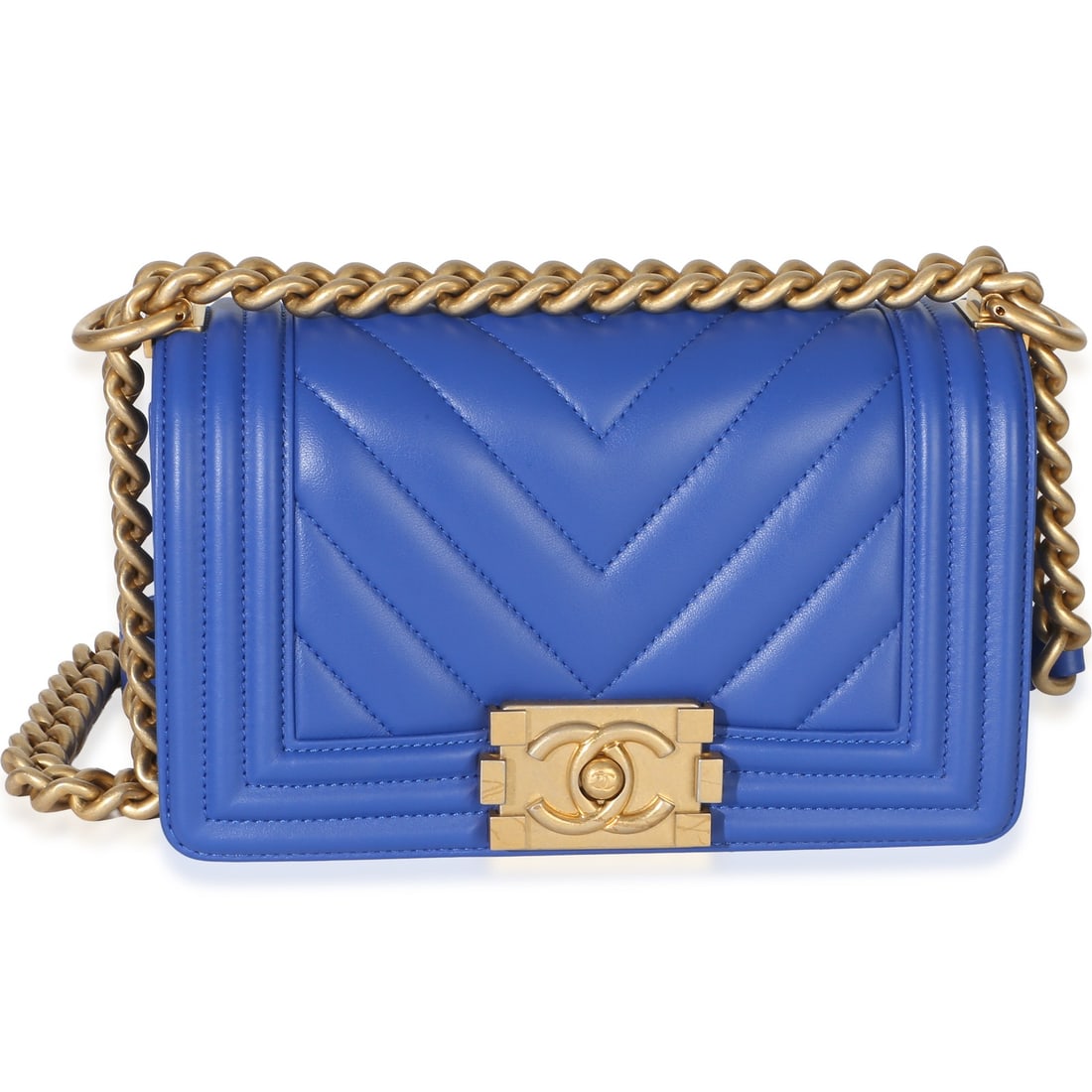 Chanel Small Boy Bag Blue Lambskin Chevron Quilted Crossbody: Chanel Small Boy Bag Blue Lambskin Chevron Quilted Crossbody This Chanel Small Boy Bag features luxurious blue lambskin leather with a chevron quilted design. The bag is accented with gold-tone hardwa