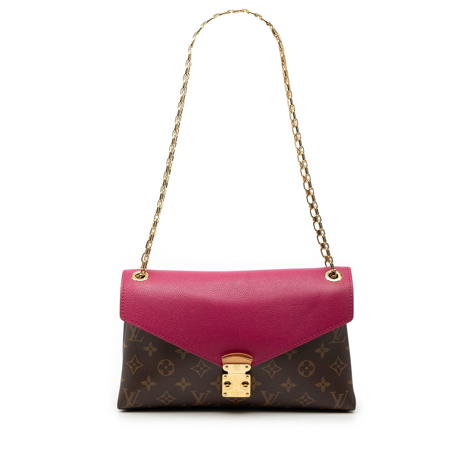 Louis Vuitton Pallas Chain Monogram Shoulder Bag: Louis Vuitton Pallas Chain Monogram Shoulder Bag Louis Vuitton Monogram Pallas Chain bag crafted with a monogram canvas body and curb chain straps. The design includes a top leather flap with a push l
