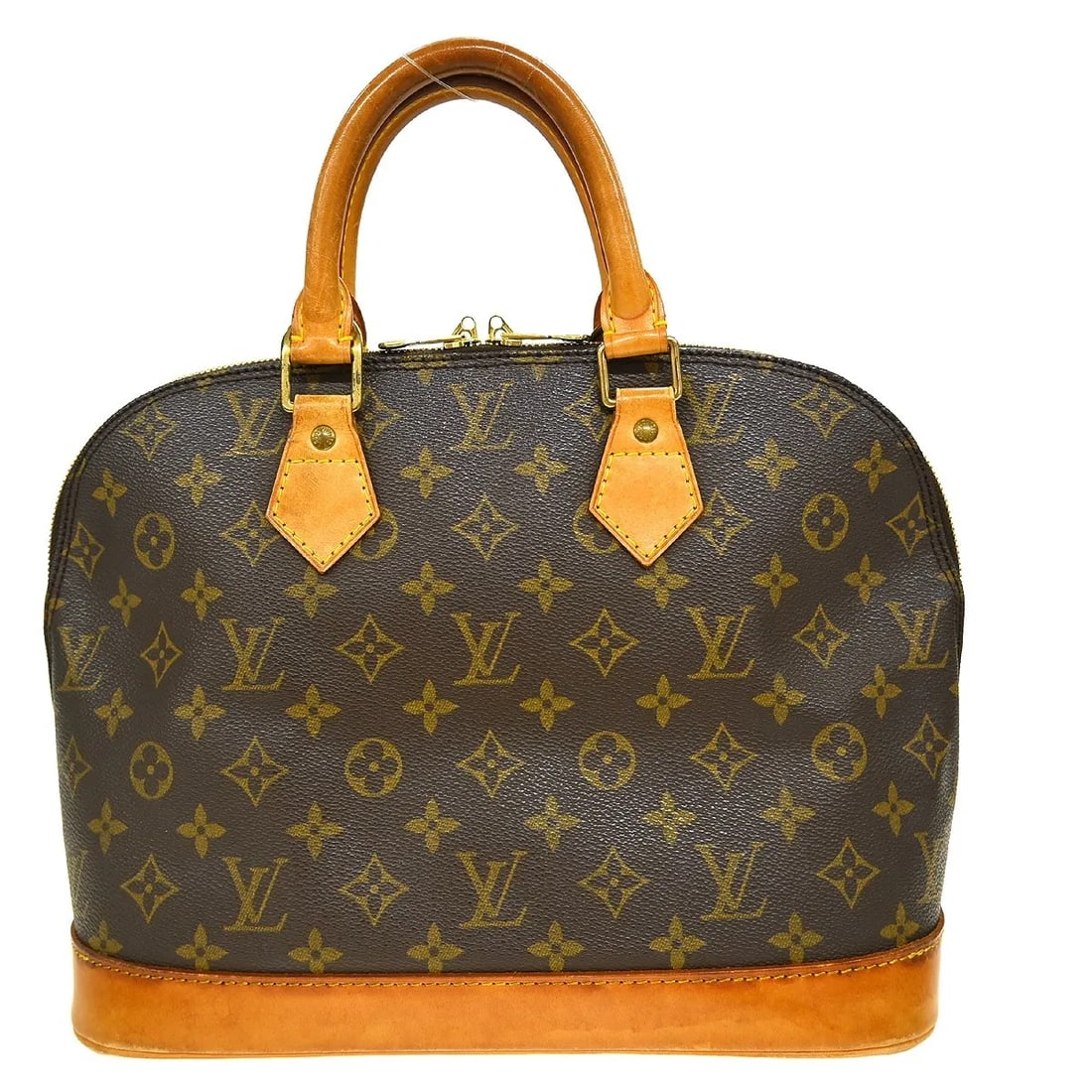 Louis Vuitton Alma Handbag in Brown Monogram Canvas: Louis Vuitton Alma Handbag in Brown Monogram Canvas Louis Vuitton Alma handbag in brown monogram canvas. This structured top-handle bag is made in France and is presented in fair condition with visibl