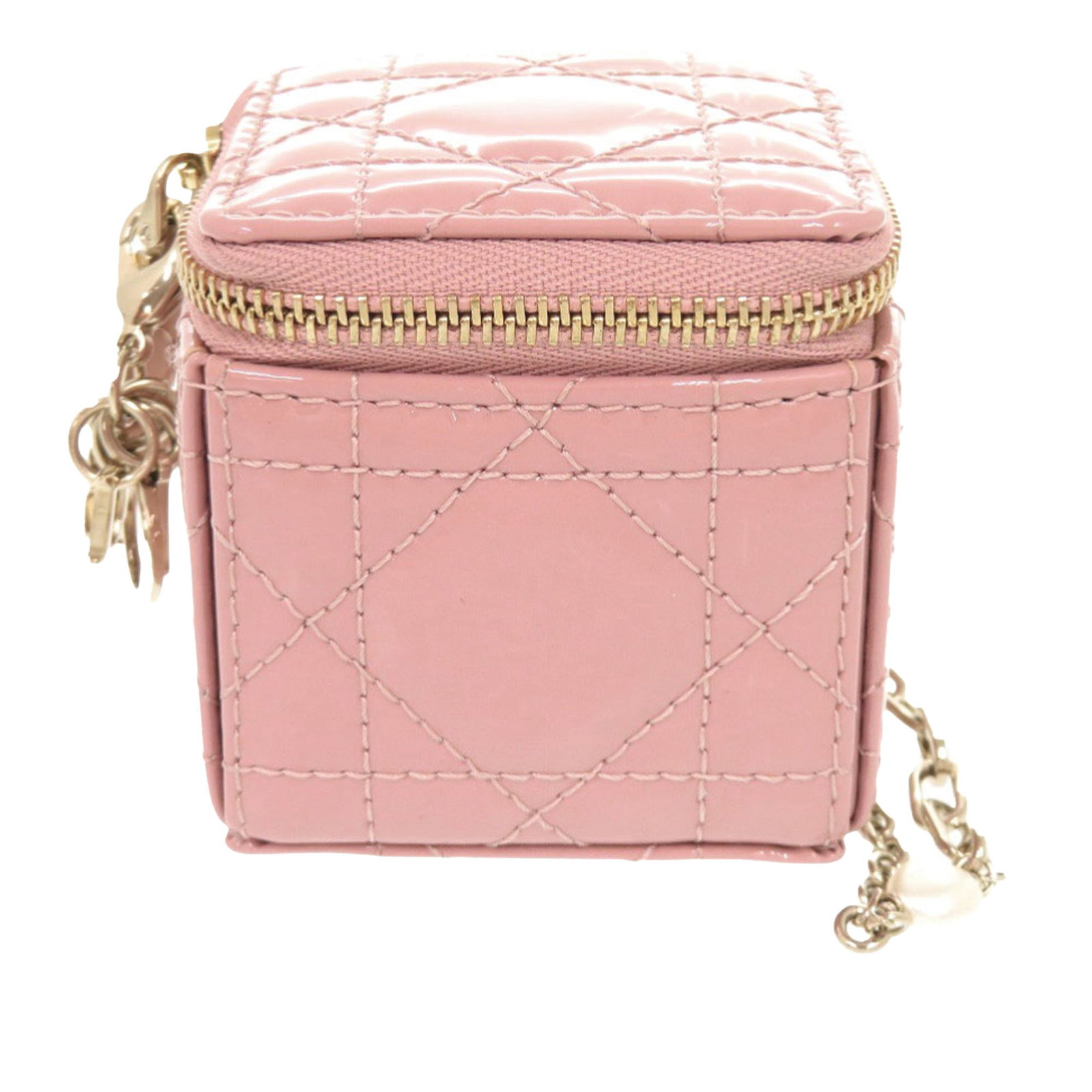 Dior Lady Dior Cannage Patent Leather Micro Cube Pouch Pink: Dior Lady Dior Cannage Patent Leather Micro Cube Pouch Pink Micro Lady Dior Cube pouch in pink quilted patent leather with a zip-around closure and a detachable chain link wrist strap. Specifications 
