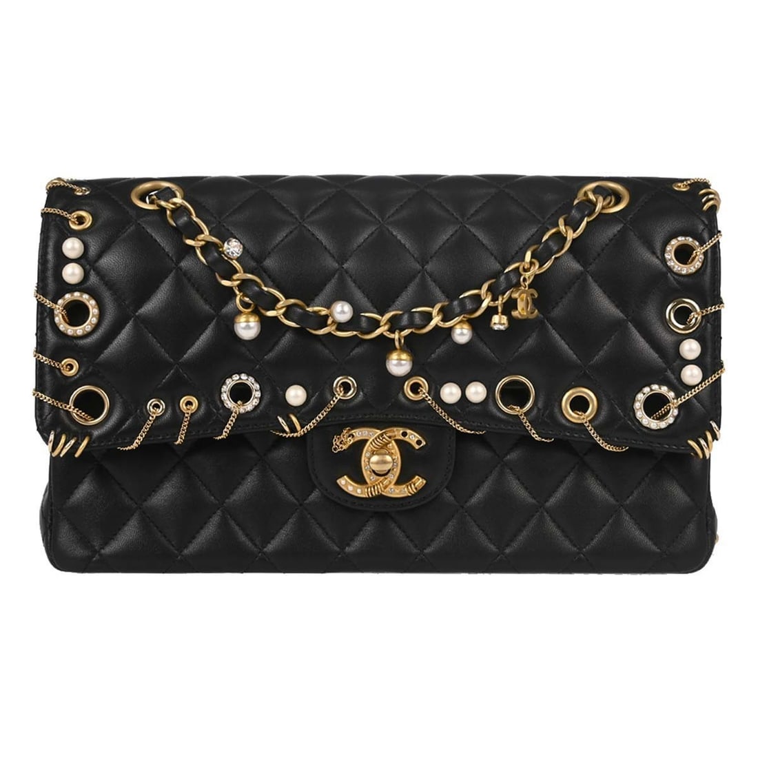 CHANEL Classic Double Flap Medium Shoulder Bag Black Lambskin: CHANEL Classic Double Flap Medium Shoulder Bag Black Lambskin Chanel Medium Piercing Chic Double Flap shoulder bag in black lambskin leather. This women's shoulder bag features a turn-lock closure, sh