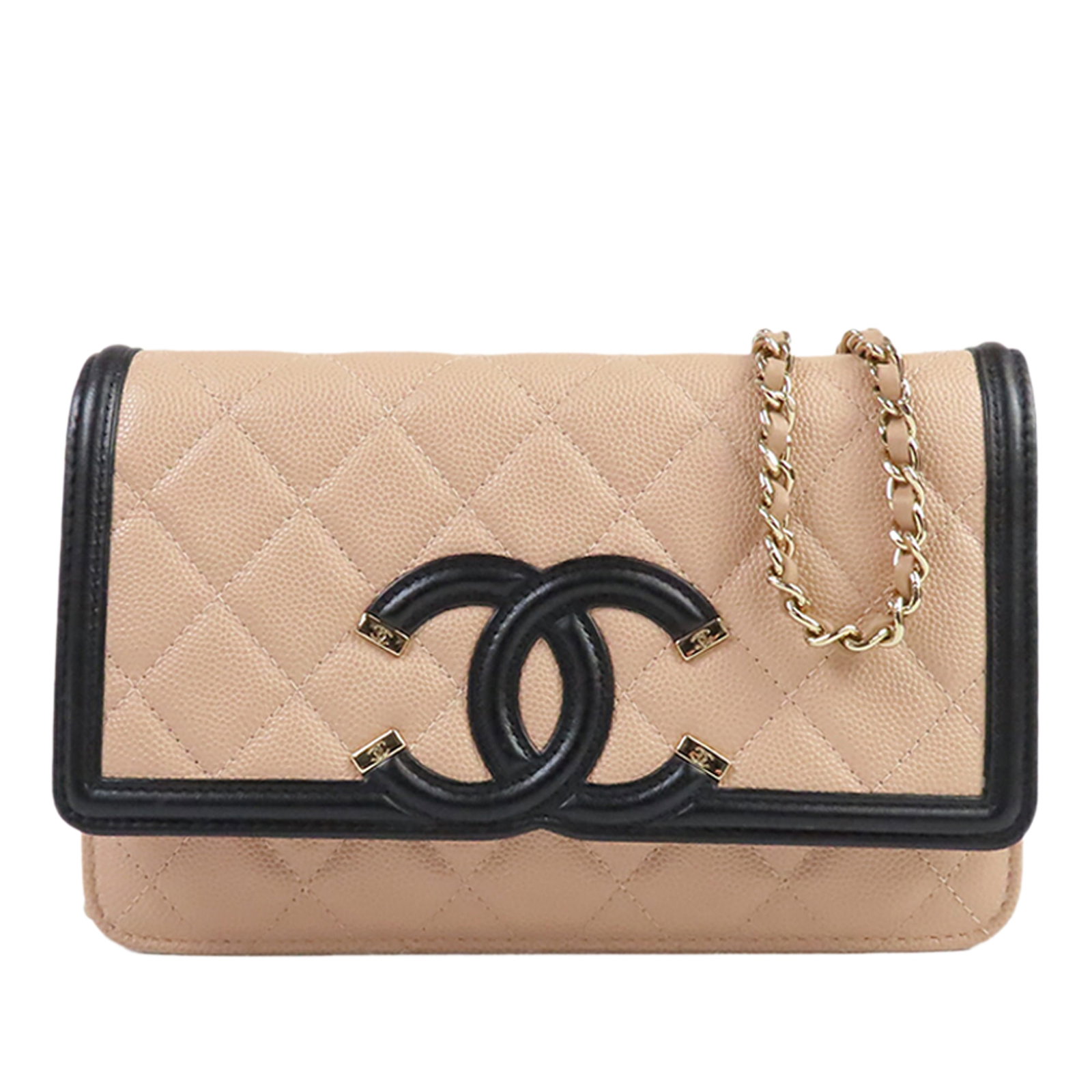Chanel beige caviar leather CC filigree wallet on chain: Chanel beige caviar leather CC filigree wallet on chain This Chanel Caviar CC Filigree Wallet On Chain features a quilted caviar leather body in beige, complemented by a leather-woven chain link strap