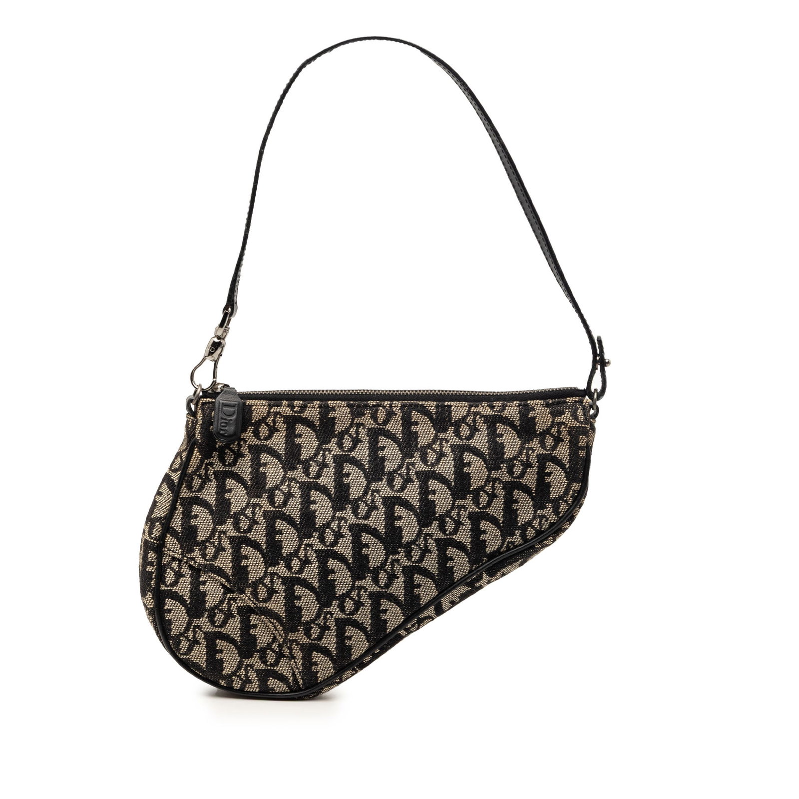 Dior Mini Saddle Pochette Canvas Black: Dior Mini Saddle Pochette Canvas Black This Mini Diorissimo Canvas Saddle Pochette features a canvas body with a distinctive saddle silhouette, complemented by a flat leather strap and a top zip closu