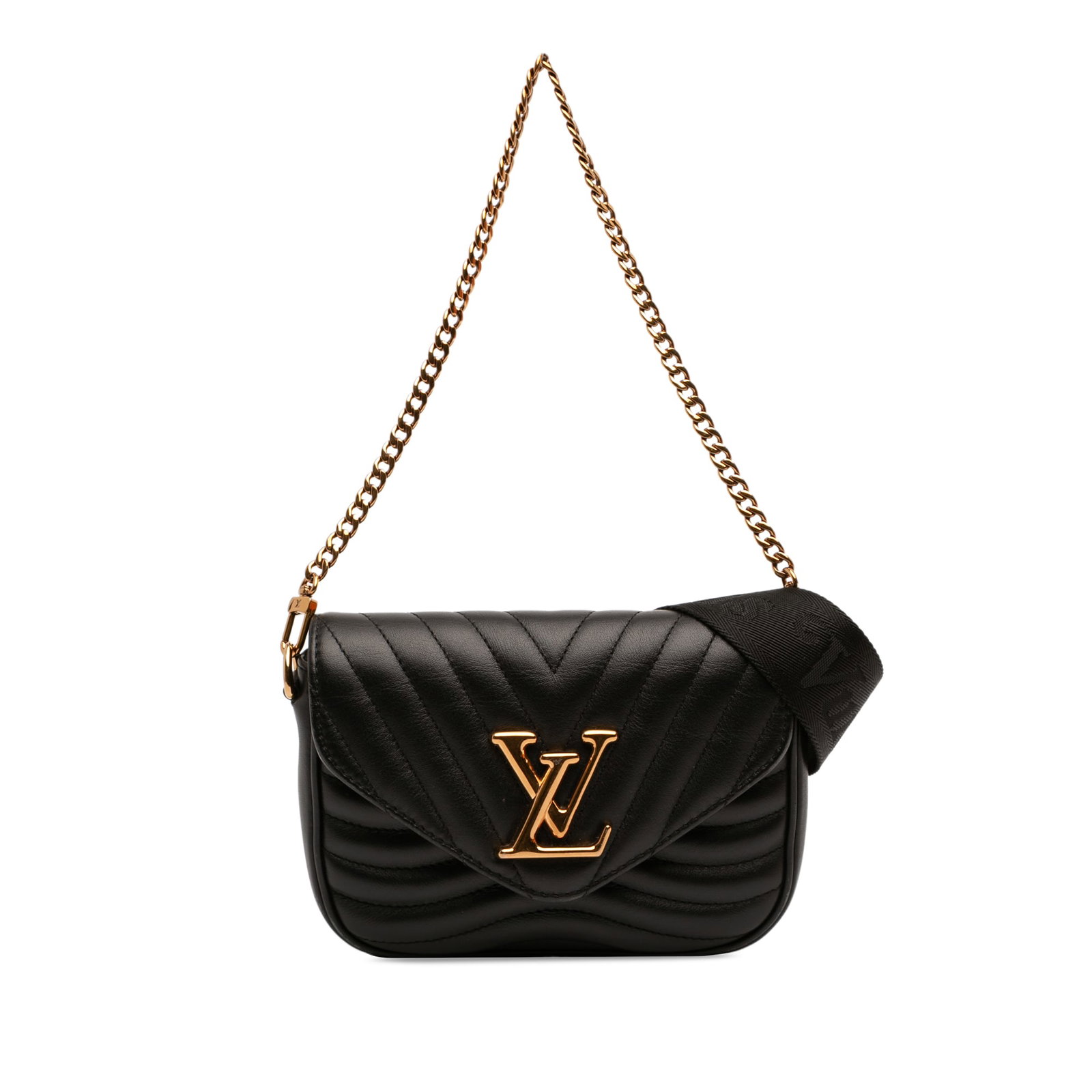 Louis Vuitton New Wave Multi Pochette Black Quilted Leather Bag: Louis Vuitton New Wave Multi Pochette Black Quilted Leather Bag Louis Vuitton New Wave Multi Pochette in black quilted leather. This bag features a chain strap, a detachable flat strap, a front flap w