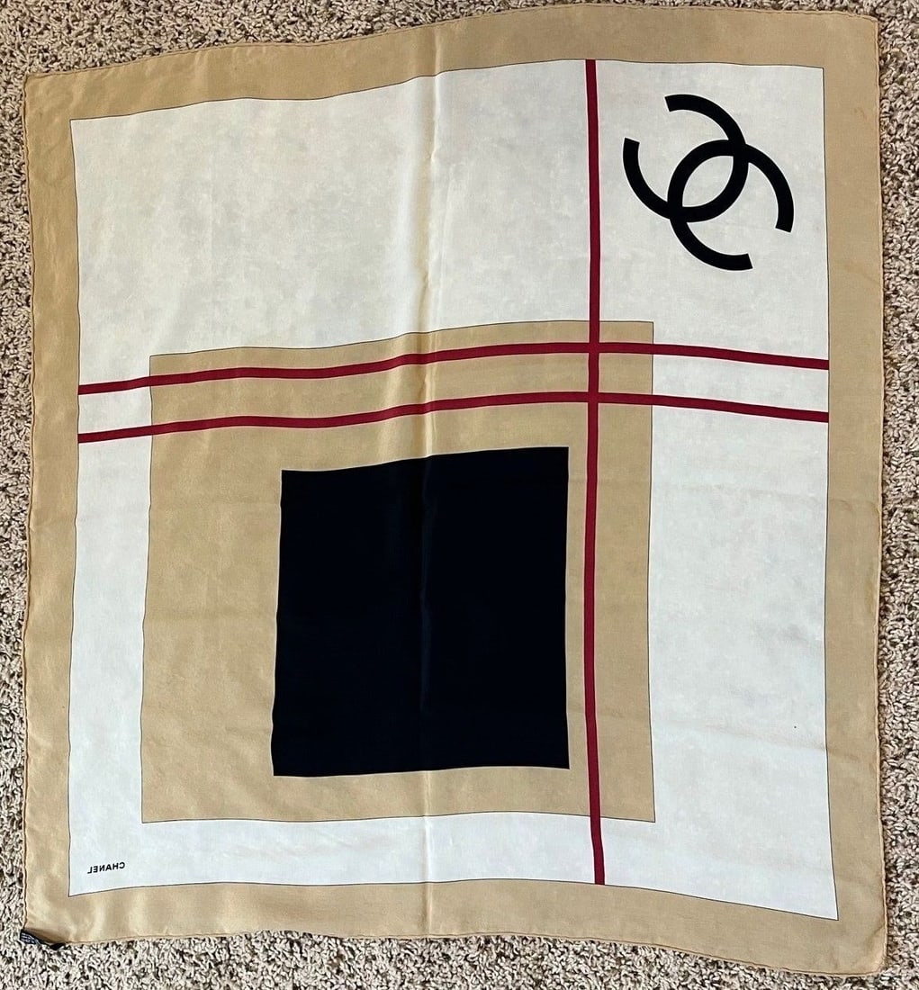 CHANEL Silk Square Scarf Geometric Logo Beige Black Red (1 of 14)