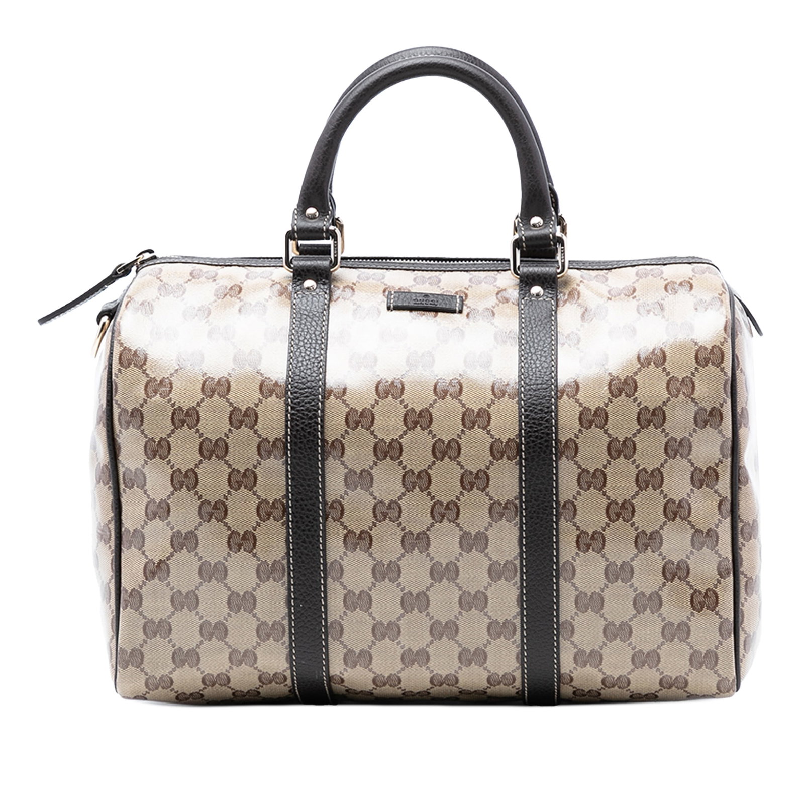 Gucci GG Crystal Joy Medium Boston Bag Beige Coated Canvas with Leather Trim: Gucci GG Crystal Joy Medium Boston Bag Beige Coated Canvas with Leather Trim This Gucci Medium GG Crystal Joy Boston Bag features a coated canvas body with leather trim, rolled leather handles, a top 