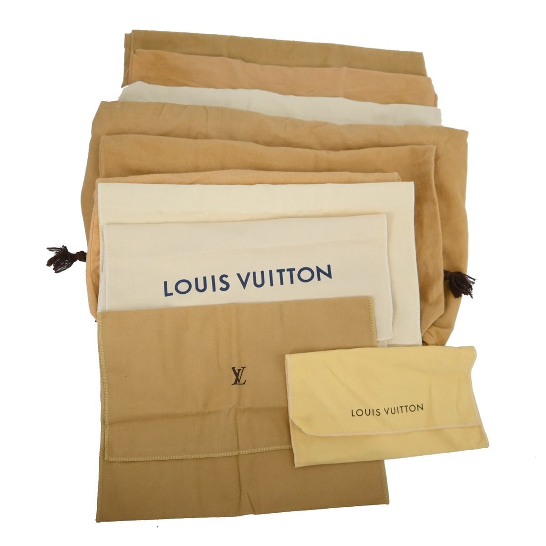 Set of 10 Louis Vuitton cotton dust bags in brown beige: Set of 10 Louis Vuitton cotton dust bags in brown beige Set of 10 Louis Vuitton dust bags in brown and beige cotton. These unisex dustbags are made in Italy and show overall signs of use with reasonab